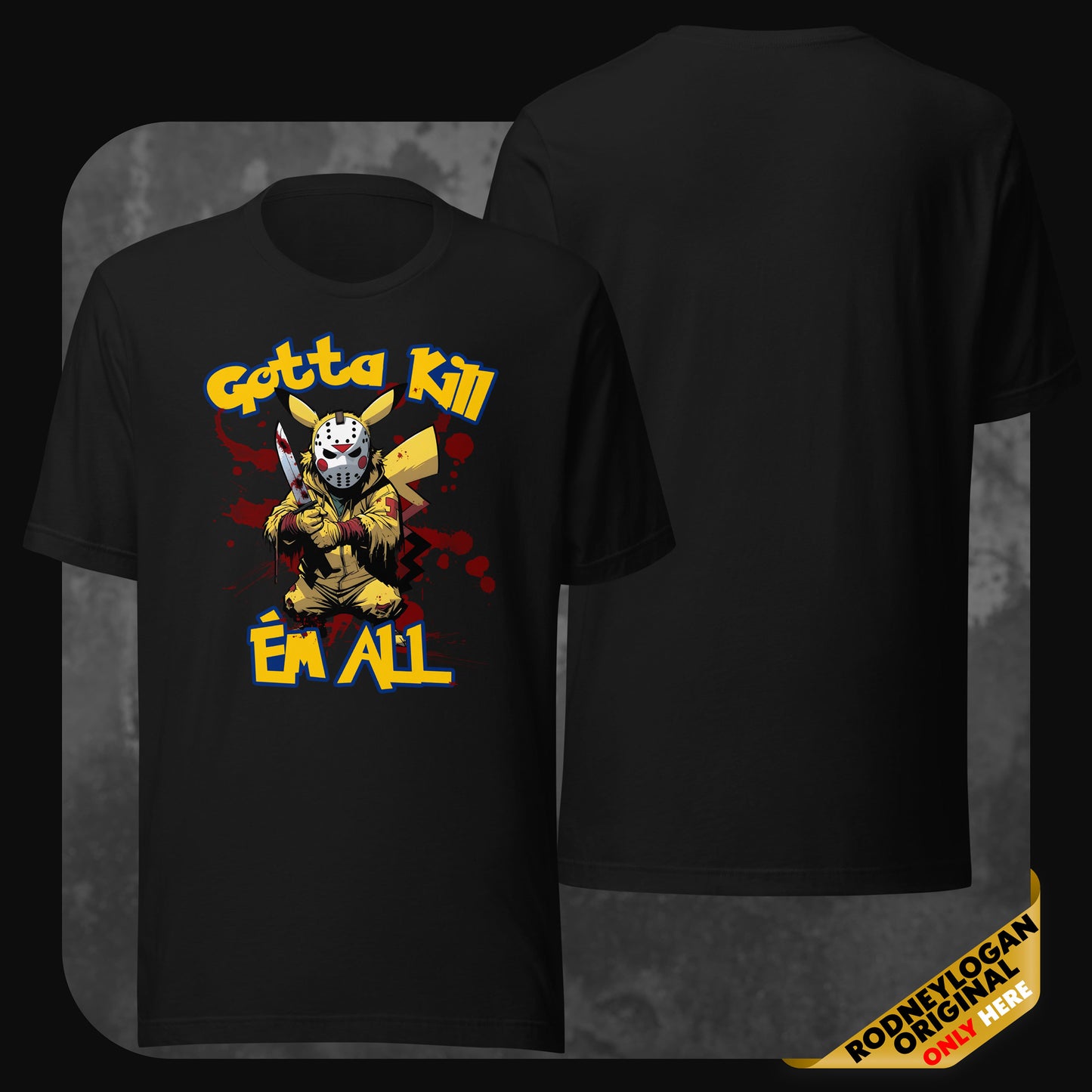 Schwarzes T-Shirt mit auffälligem Horror-Comicdesign: Pikachu im Jason-Stil mit blutigem Messer und gelb-blauem Schriftzug ‚Gotta Kill ’Em All‘