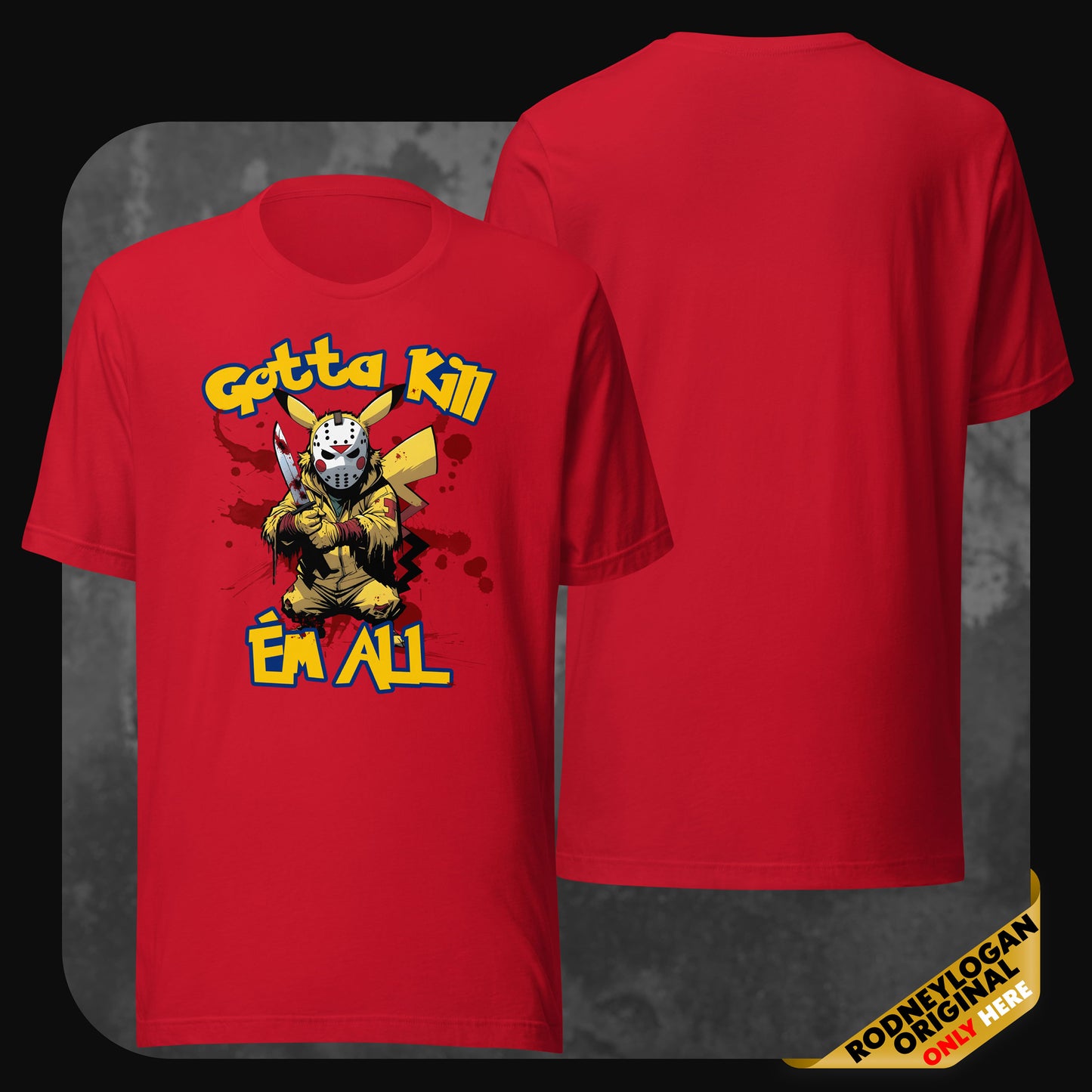 Rotes T-Shirt mit blutigem Pikachu-Design im Jason-Look – Horrorgrafik mit Text ‚Gotta Kill ’Em All‘