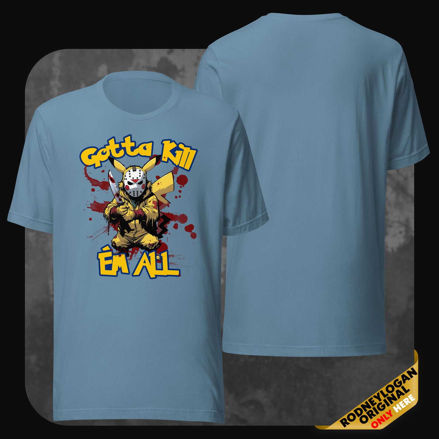 Stahlblaues T-Shirt mit Horror-Comicmotiv: Pikachu mit Jason-Maske, Messer und Schrift ‚Gotta Kill ’Em All‘