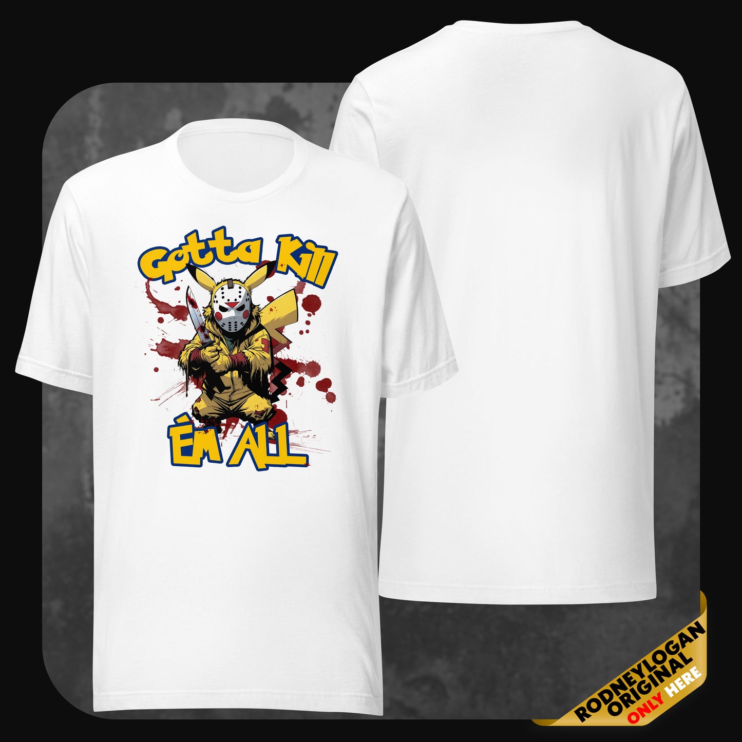 Weißes T-Shirt mit Comic-Horrordesign: Pikachu mit Maske und Messer, blutiger Hintergrund, ‚Gotta Kill ’Em All‘