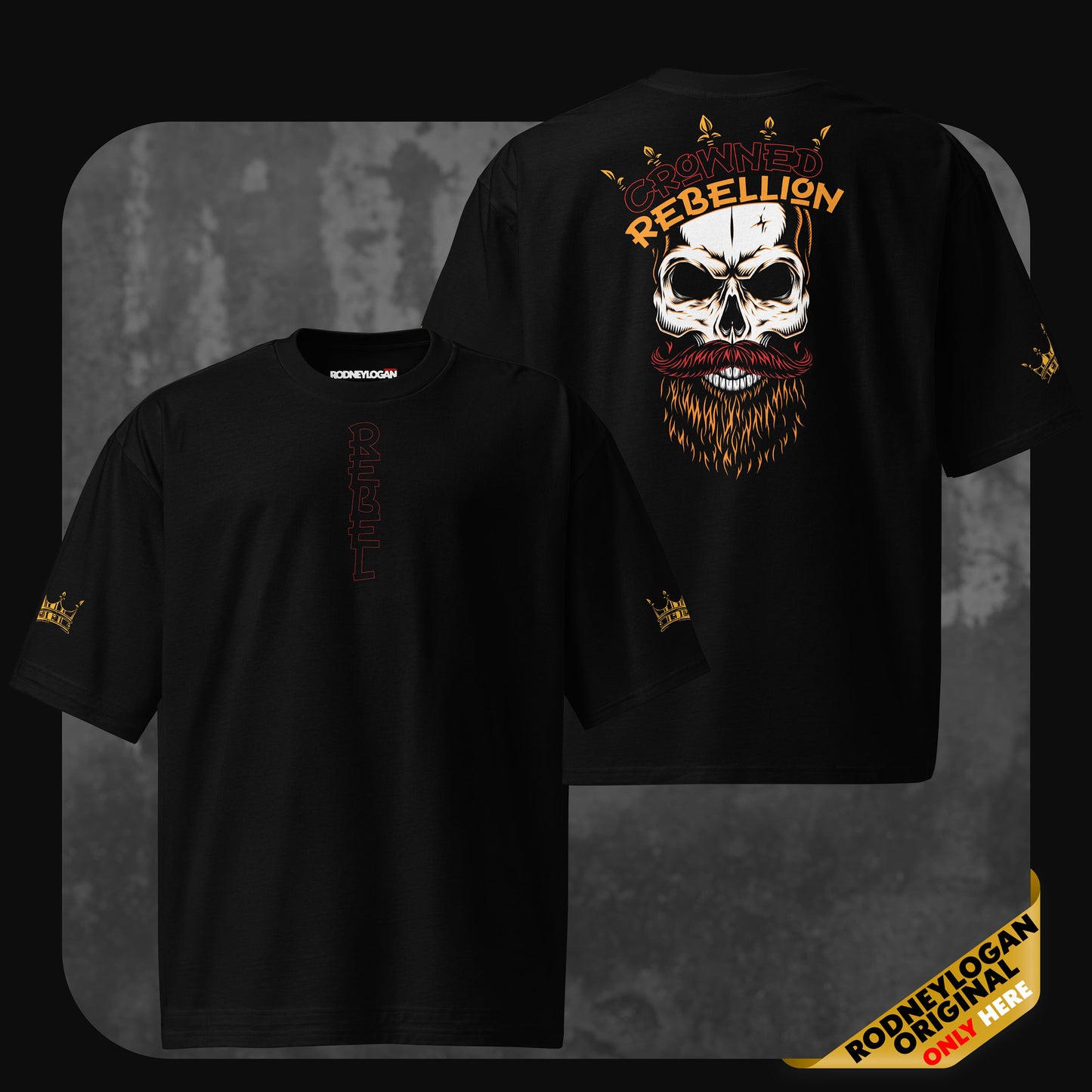 Flat front and back view of the black ‘Crowned Rebellion’ oversized t-shirt. The front includes a vertical ‘REBEL’ text and gold crown sleeve details, while the back showcases a crowned skull illustration with ‘CROWNED REBELLION’ in red and yellow letters.