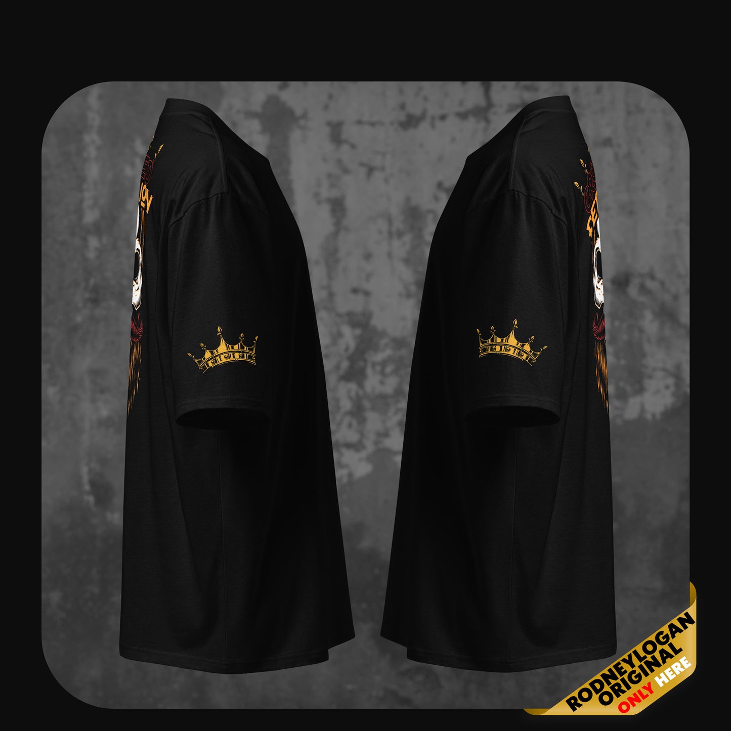 Side view of two black oversized t-shirts facing each other, both featuring a gold crown graphic on the sleeves as part of the ‘Crowned Rebellion’ design by RodneyLogan.
