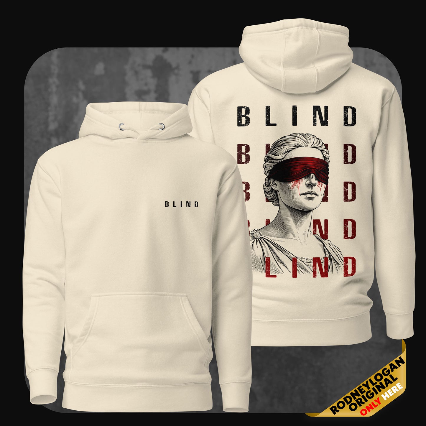 Front and back view of bone-colored hoodie with black 'BLIND' text and red blindfolded statue graphic design