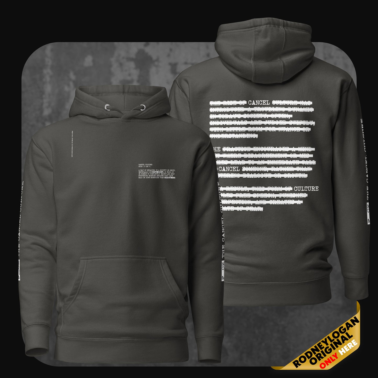 Vintage black hoodie with minimal front text and a bold visual of censored text on the back; sleeve features a vertical statement graphic.