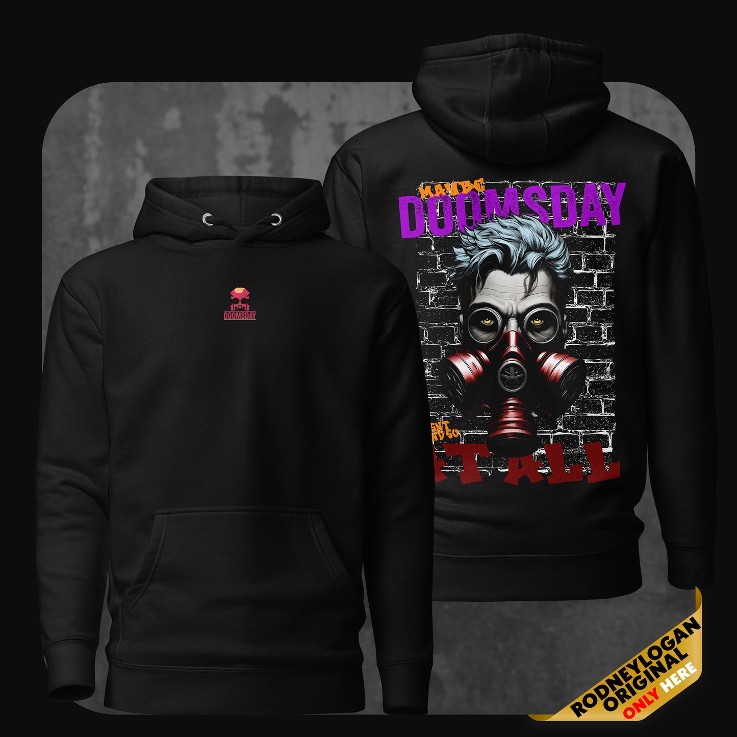 A black hoodie displayed front and back; the front features a red ‘DOOMSDAY’ logo with a skull graphic, and the back showcases a detailed illustration of a gas mask-wearing figure with piercing eyes, blue hair, and graffiti-style text on a black brick wall.