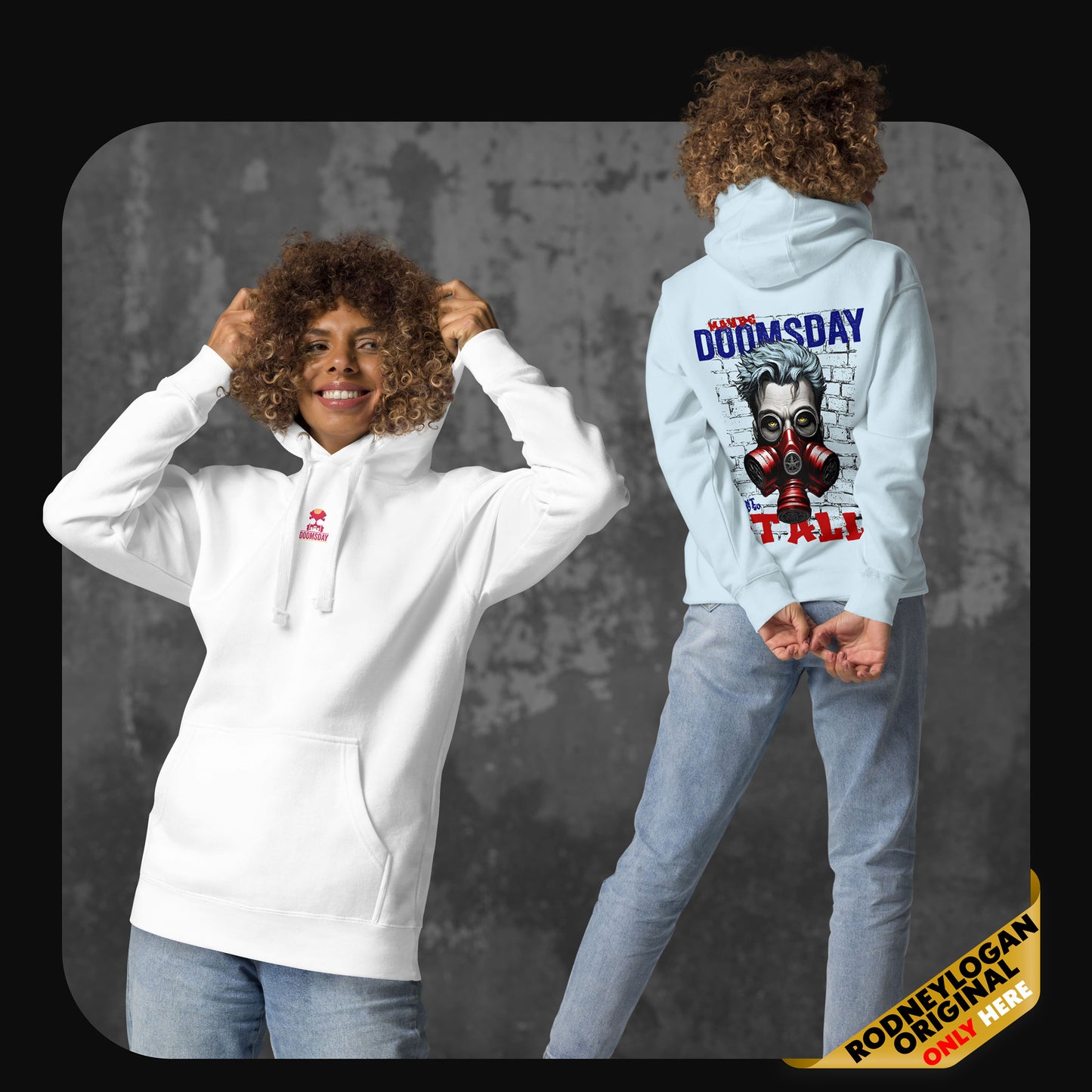 Two models wearing the ‘Doomsday’ hoodie. The model on the left wears a white version, smiling with the hood up. The model on the right shows the sky blue version from the back, displaying the same gas mask design with bold ‘Doomsday’ typography and graffiti-style brick wall.