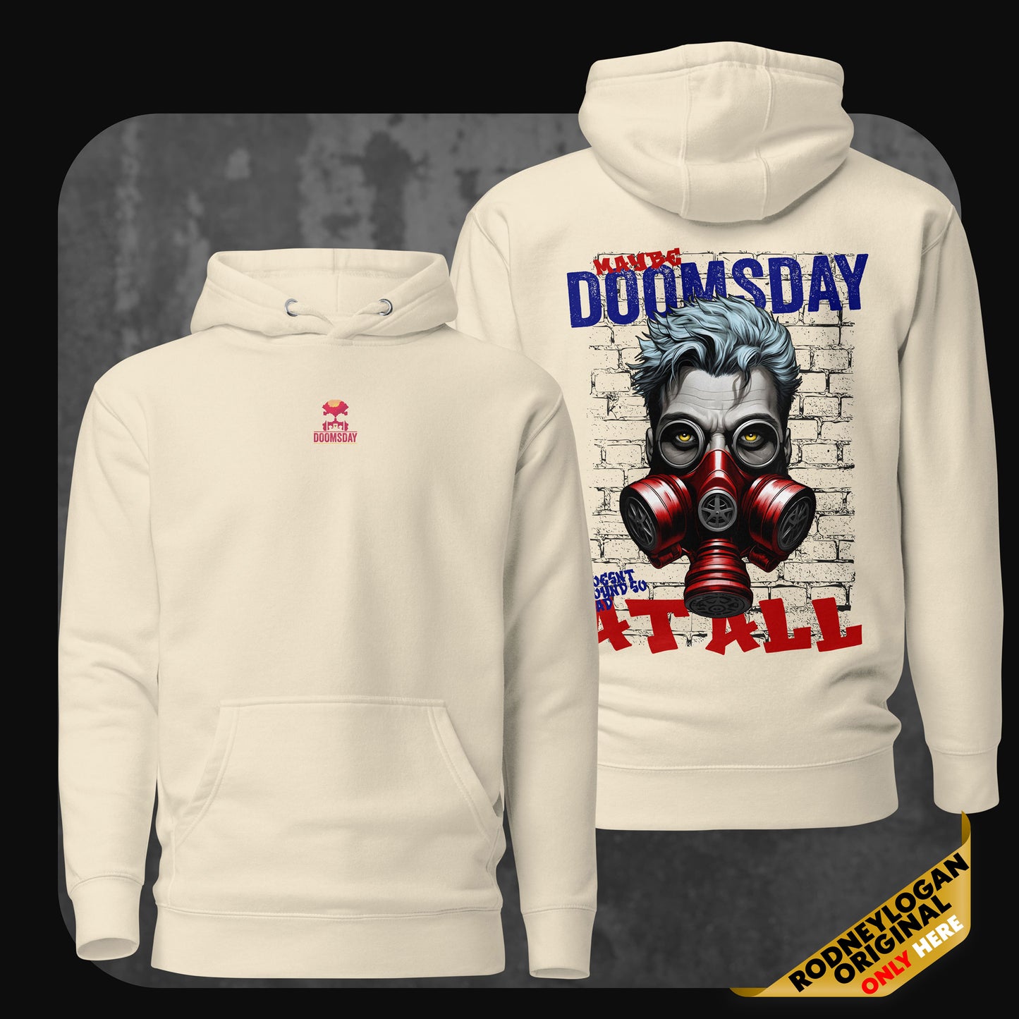 Bone-colored hoodie with a red skull and ‘Doomsday’ text on the front. The back has a vivid street-art-inspired design with a man in a red gas mask and bold statement graffiti across a brick wall.
