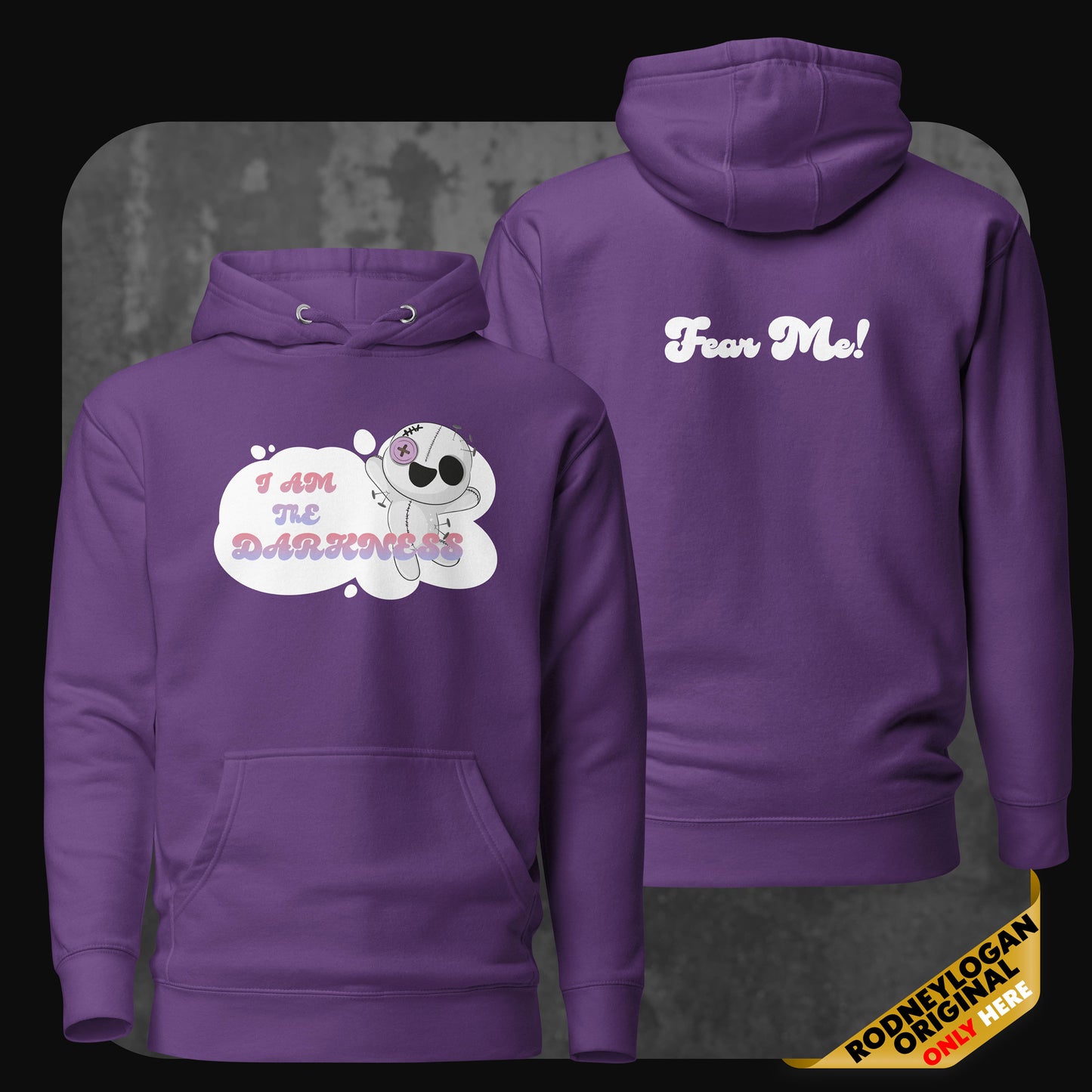 Front and back view of a purple hoodie featuring the same design with a soft contrast of white and pastel pink text and graphics.