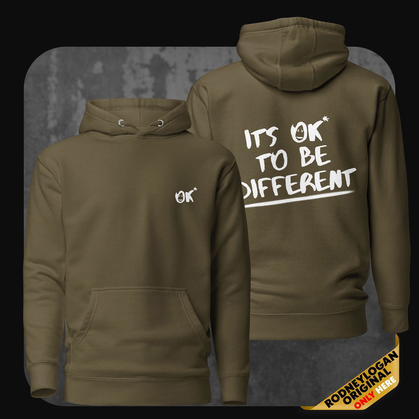 Product photo of an olive green hoodie with same minimal front logo and bold white back text message.