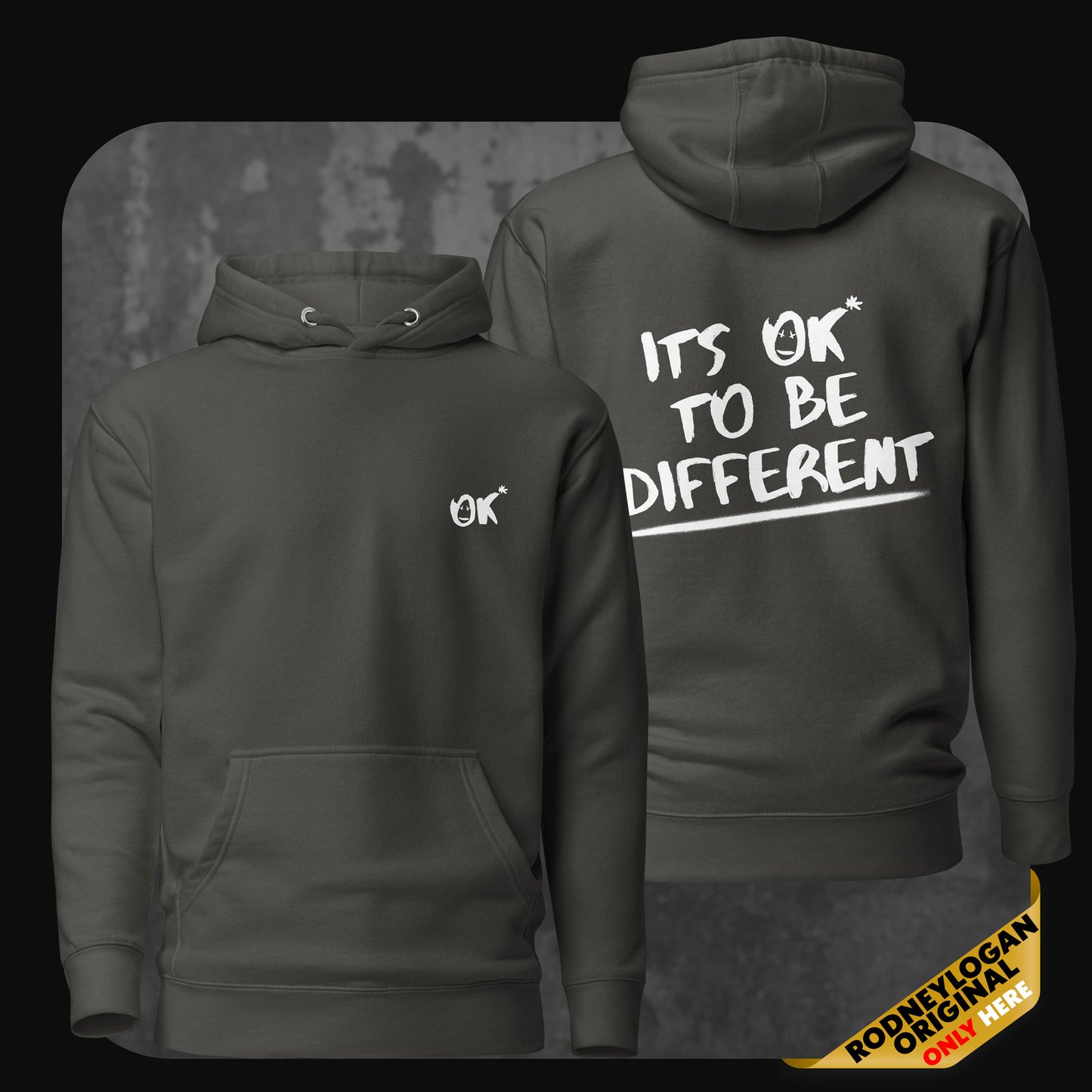 Product photo of a vintage black hoodie with “OK*” logo on front and bold “IT’S OK TO BE DIFFERENT” print on the back.