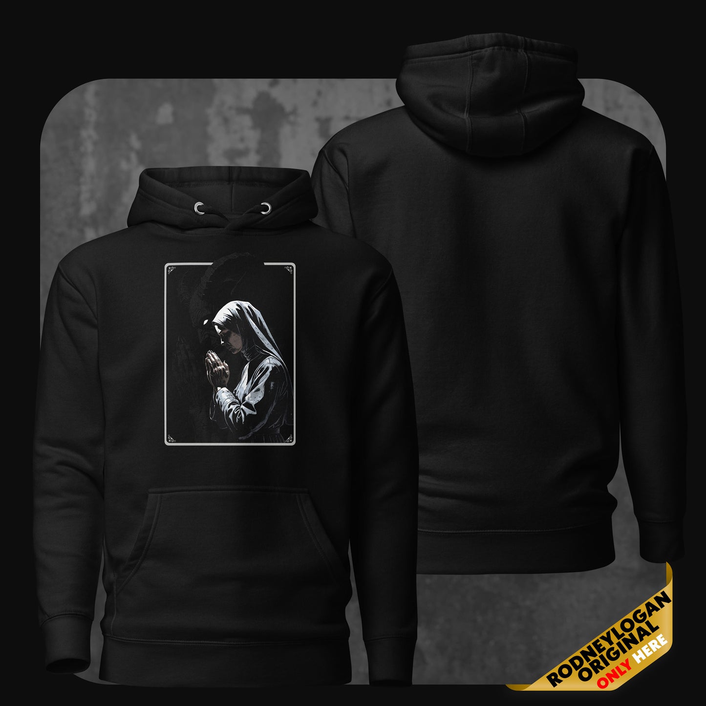Black hoodie with a centered print of a praying nun in grayscale tones on the front. The back is plain.”