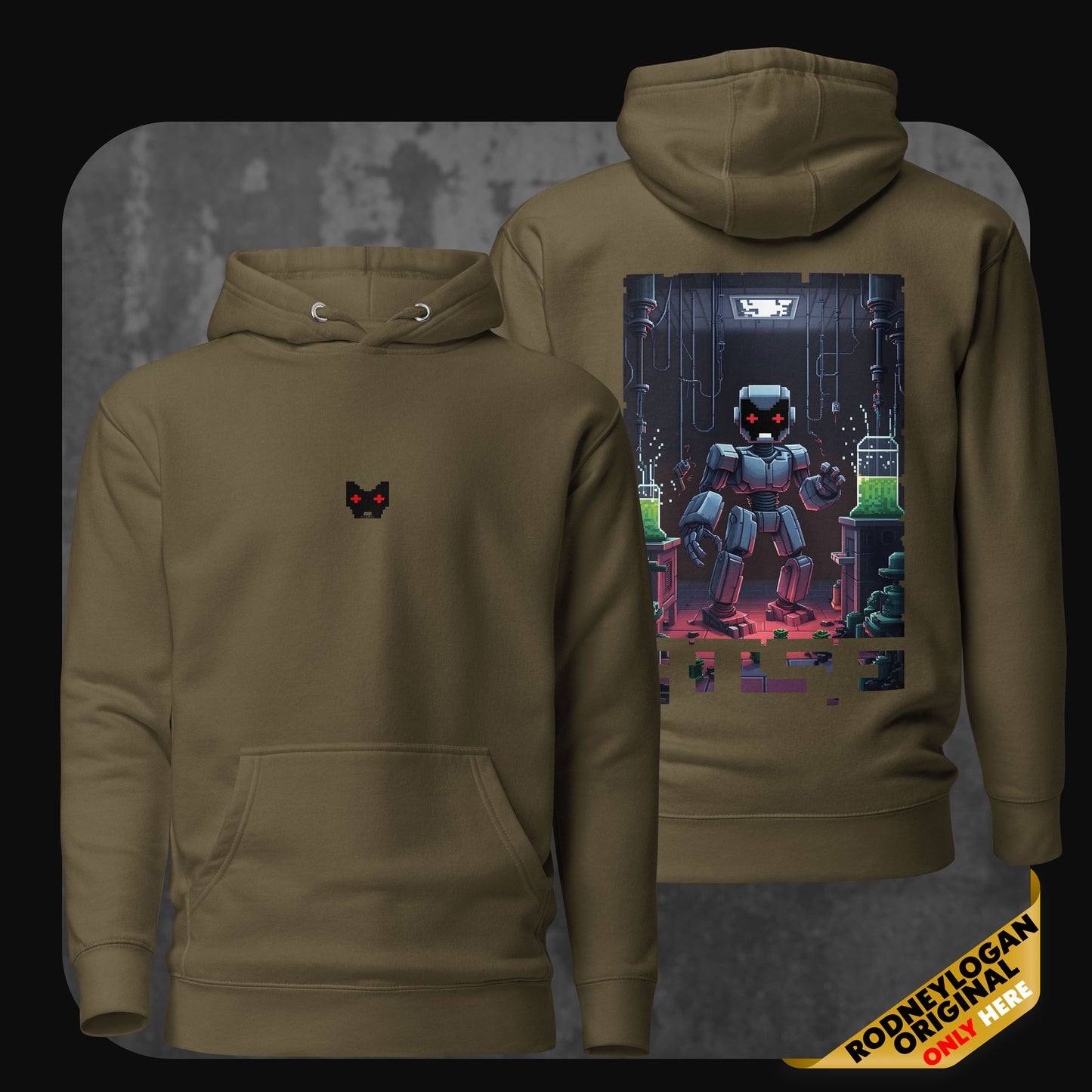 Olive green hoodie from the “Rise” series showing the pixelated cat logo on the front and a robot emerging from a sci-fi lab scene on the back, with glitch effects integrated into the pixel art.