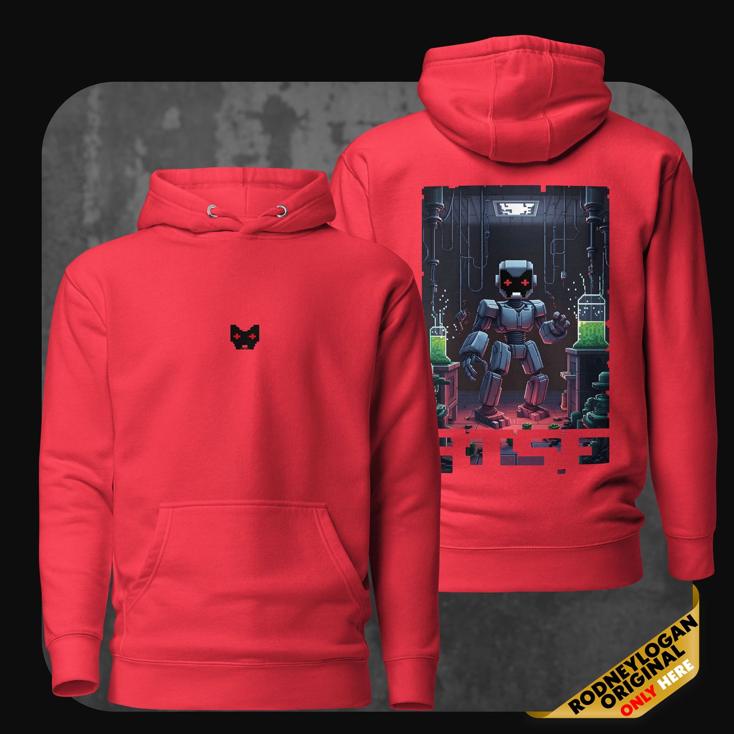 Red version of the “Rise” hoodie featuring the same pixel cat on the chest and detailed digital artwork on the back, depicting a robotic figure in a dark, futuristic lab.