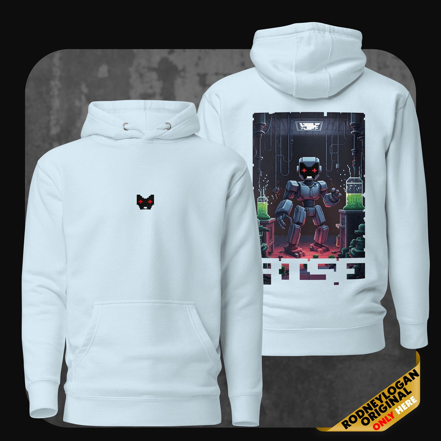 Front and back view of the “Rise” hoodie in light blue, with a minimal pixelated cat face on the chest and a colorful, dystopian-style robot standing in a laboratory setup printed on the back.