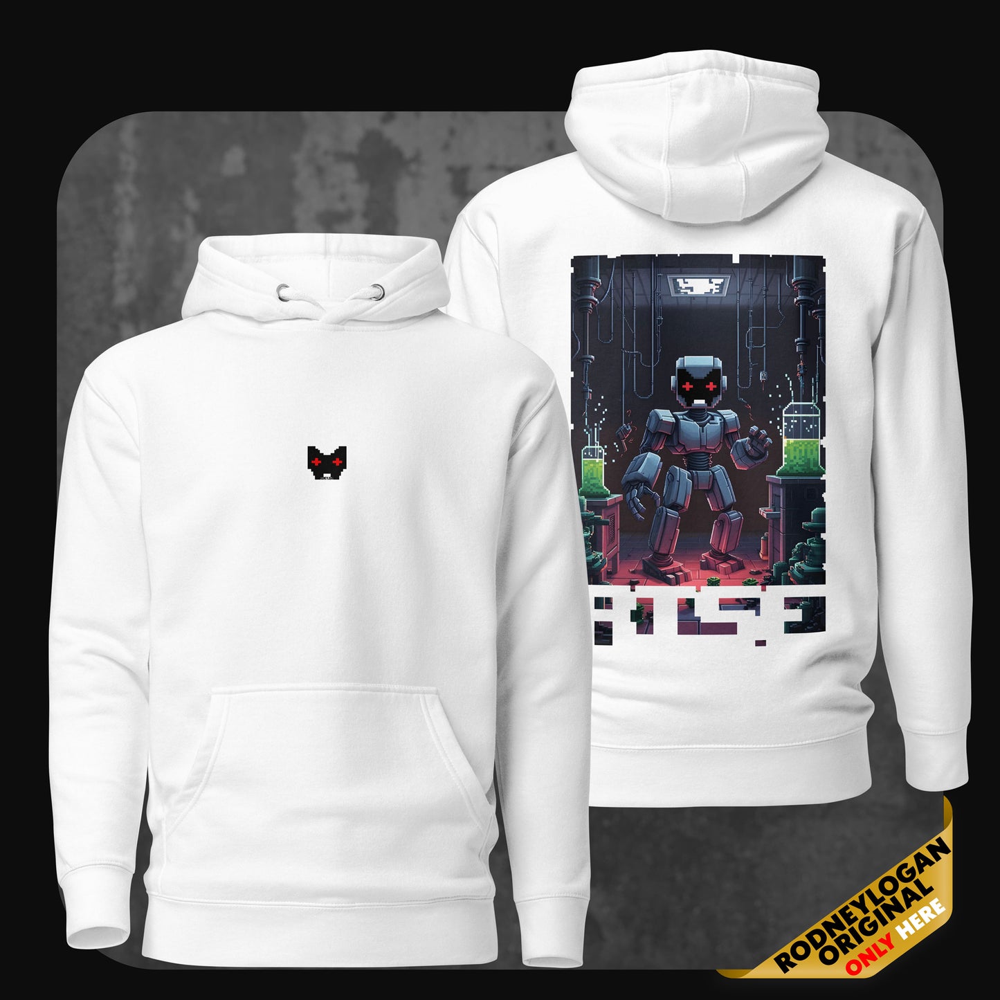 Front and back view of a white hoodie featuring a small pixelated cat face on the front and a vibrant digital illustration of a humanoid robot in a sci-fi laboratory on the back, surrounded by glowing green vials and dark machinery.