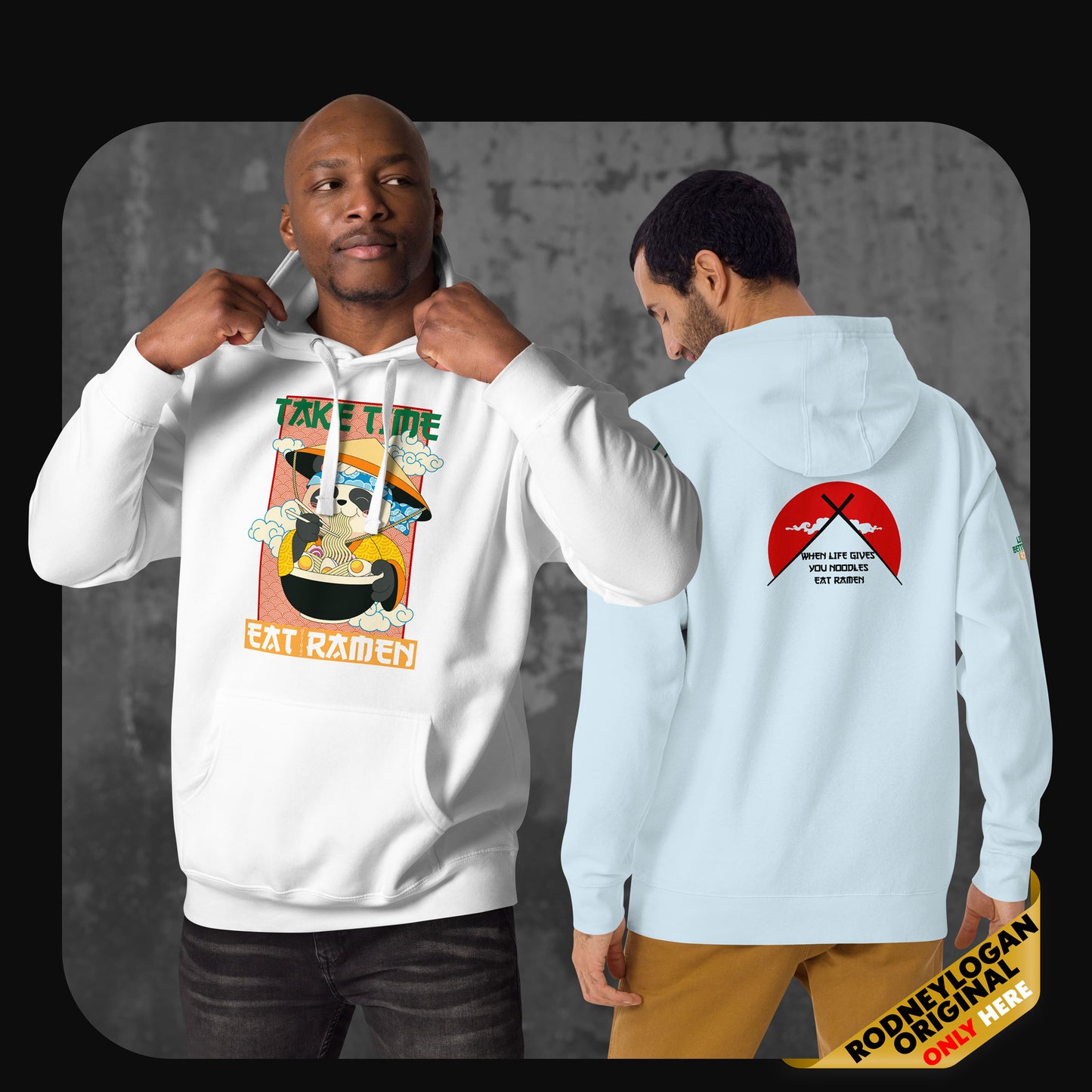 One model wears the hoodie front showing the ramen sloth design, while another displays the back design with crossed chopsticks and red sun.