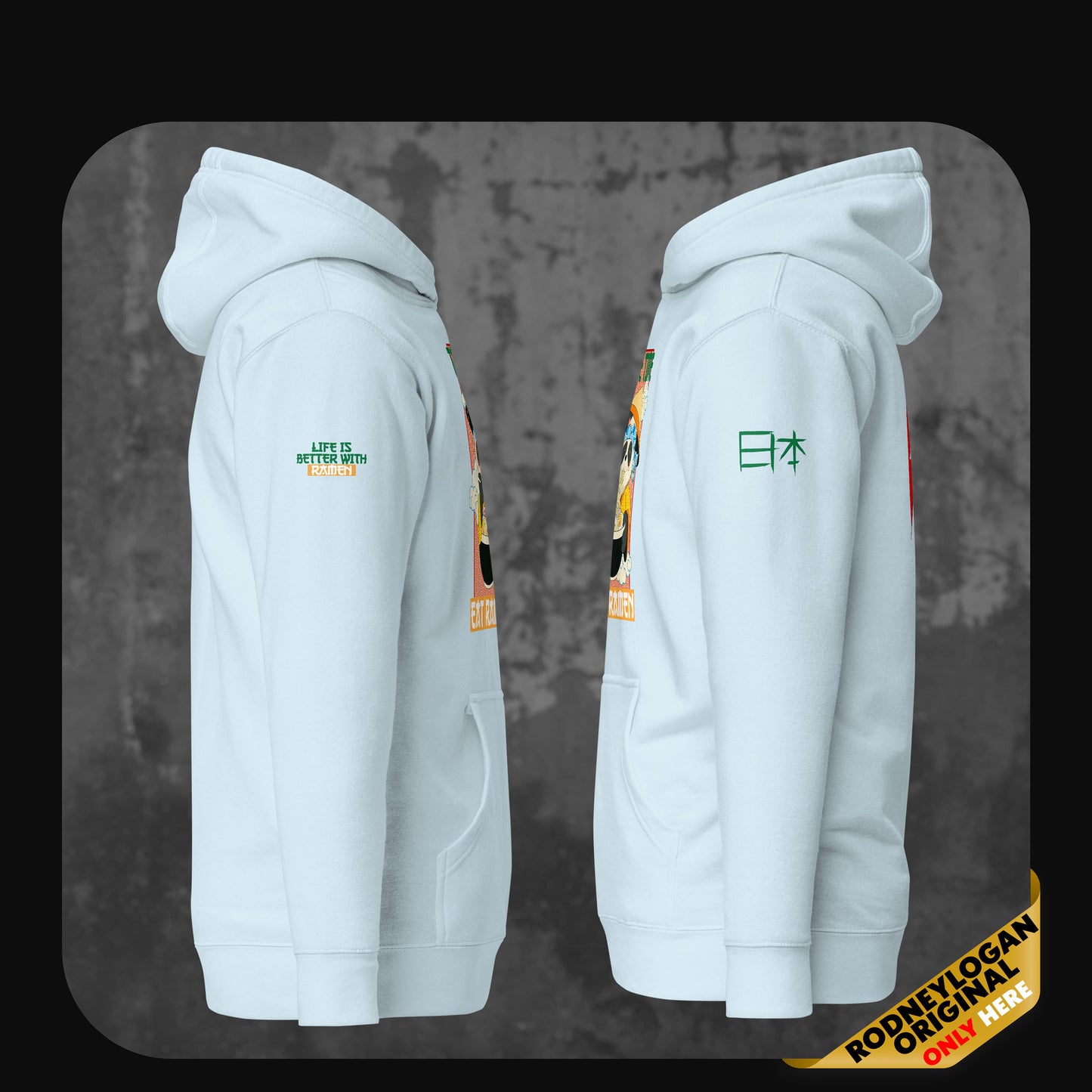 Side view of two sky blue hoodies showcasing embroidered text “Life is better with ramen” and Japanese characters for “Japan” on the sleeves.