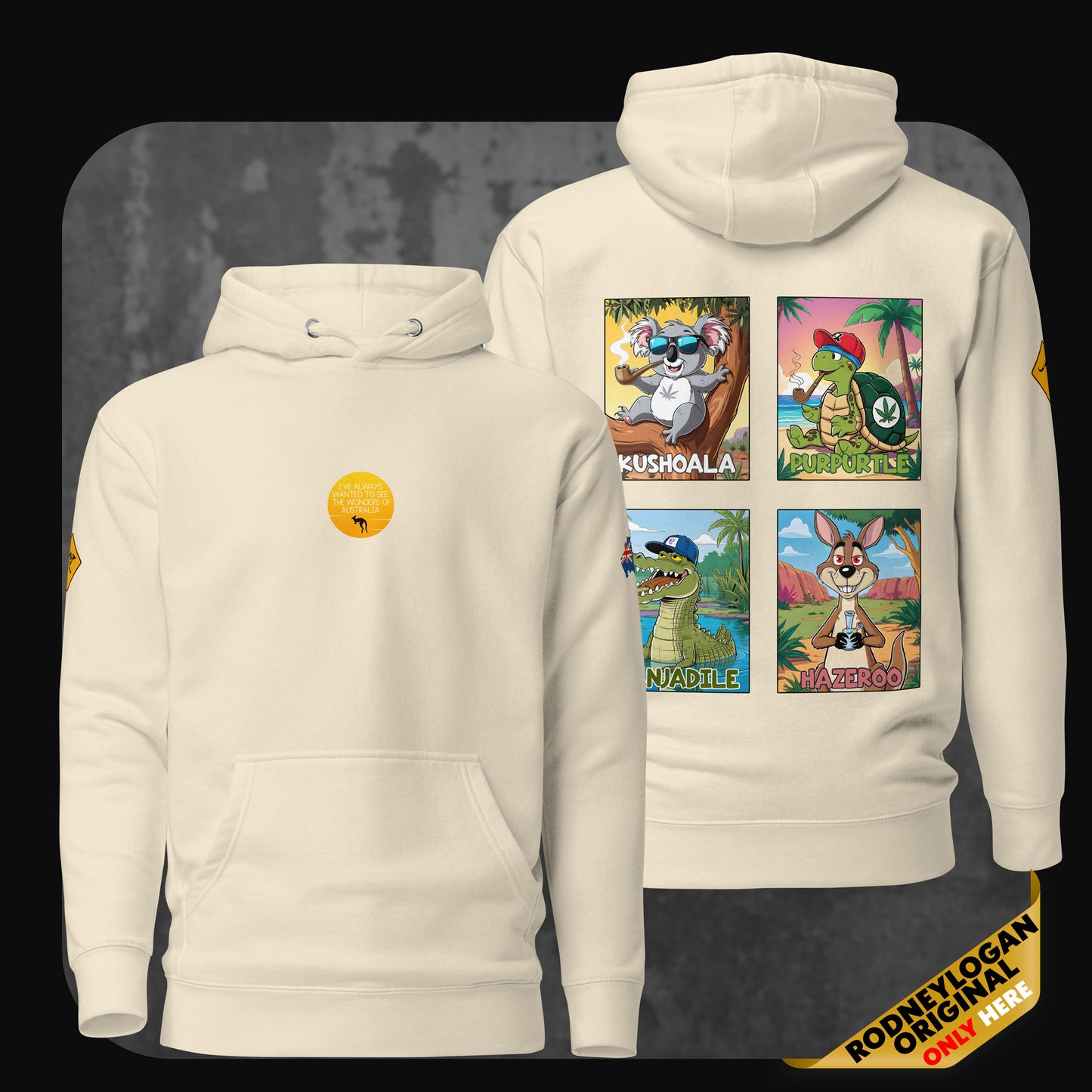 Bone-colored hoodie with bold animal cartoon artwork on the back and minimal round chest print – RodneyLogan “Wonders of Australia”.