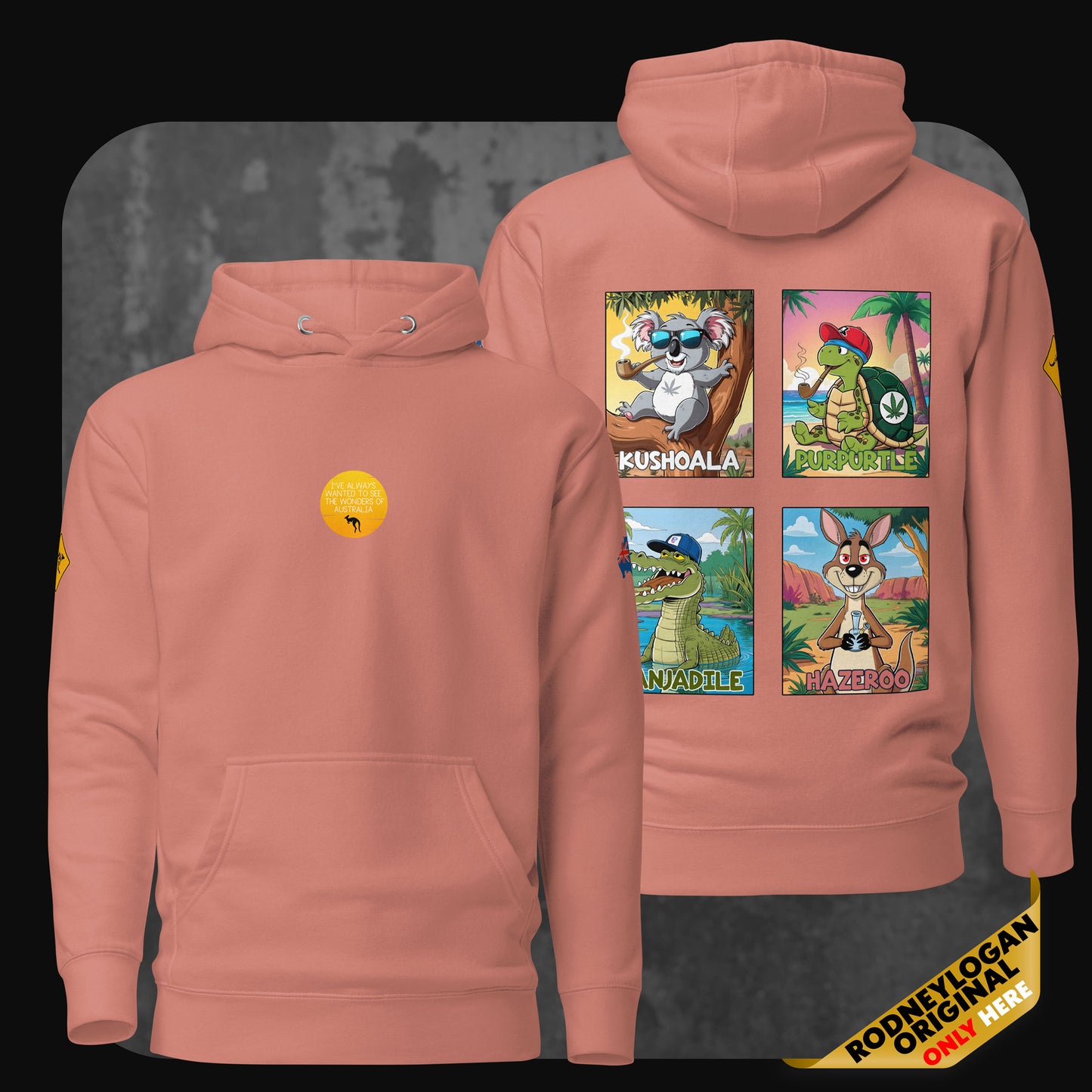 Pink-toned hoodie with colorful Australian cartoon animals on the back and yellow circular graphic on the chest – RodneyLogan streetwear.