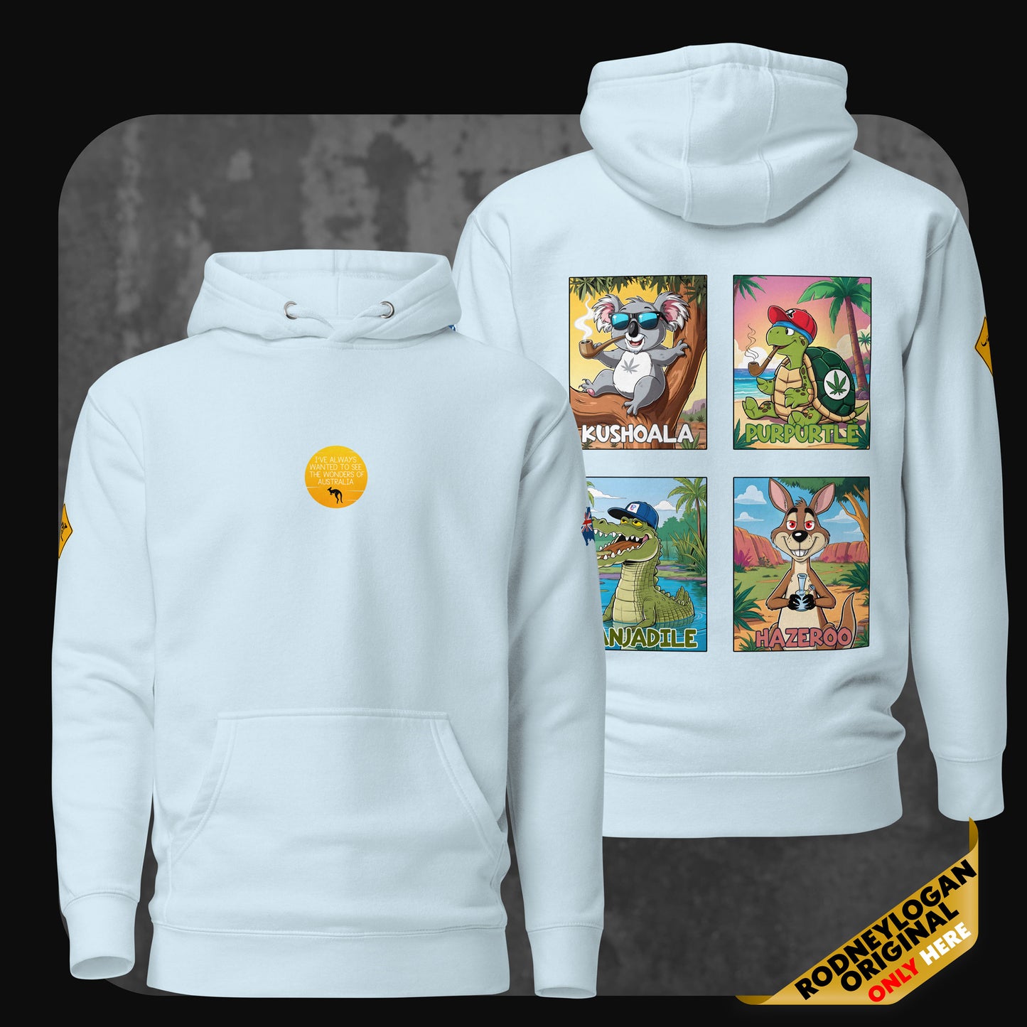 Light blue hoodie showing playful animal graphic collage on the back and subtle front print – RodneyLogan Australia series.