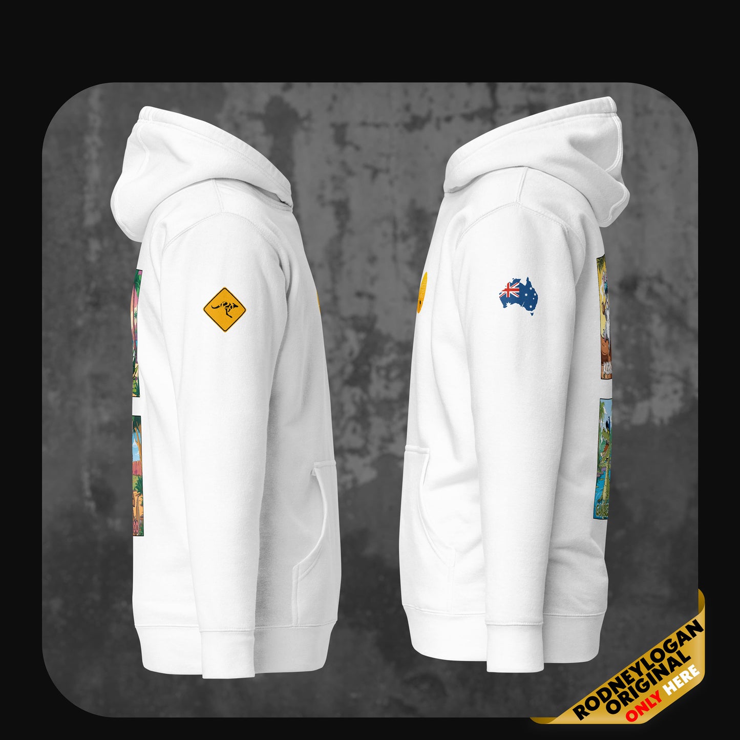 Side view of white hoodie featuring printed sleeve patches with kangaroo and Australia flag – RodneyLogan streetwear detail shot.