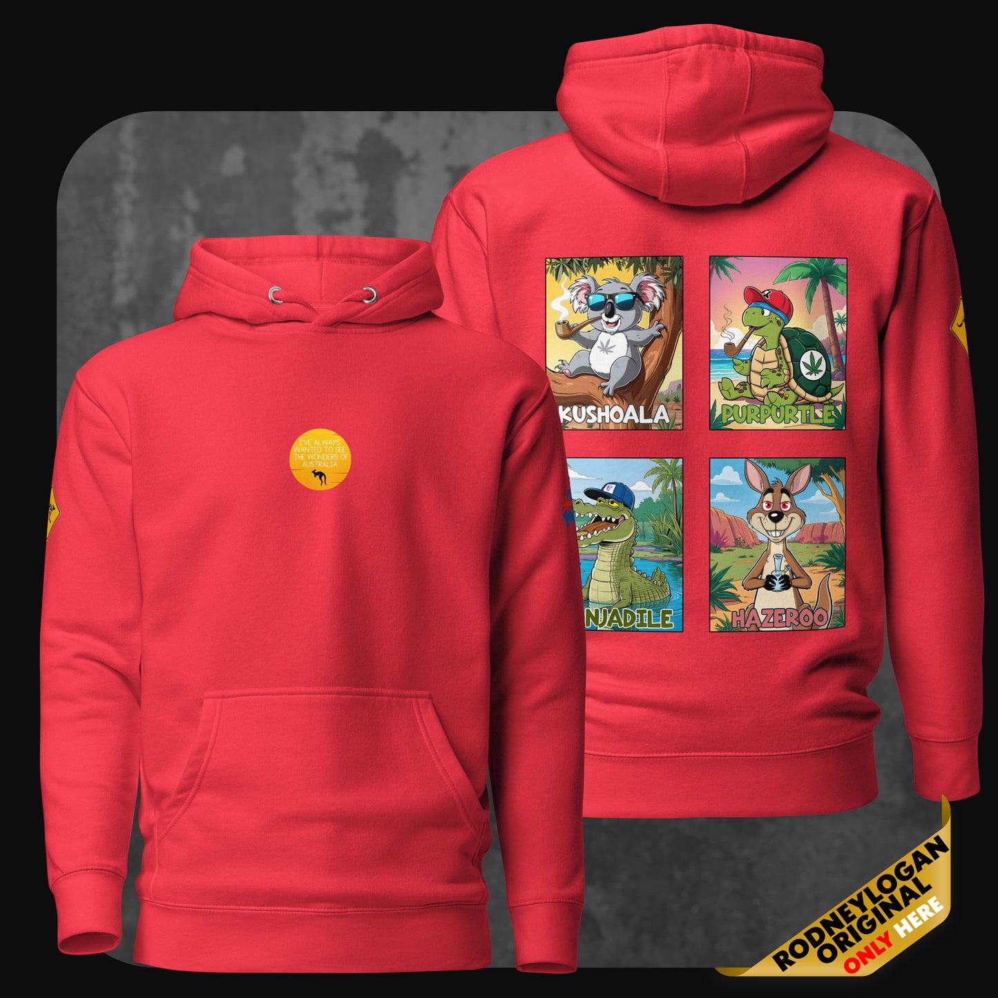 Bright red hoodie with four-panel cartoon print of animals from Australia and signature RodneyLogan front design.