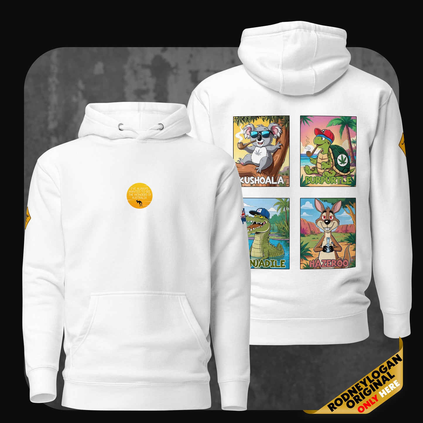 White hoodie with cartoon animal characters on the back and round yellow patch on the chest – RodneyLogan “Wonders of Australia” design.