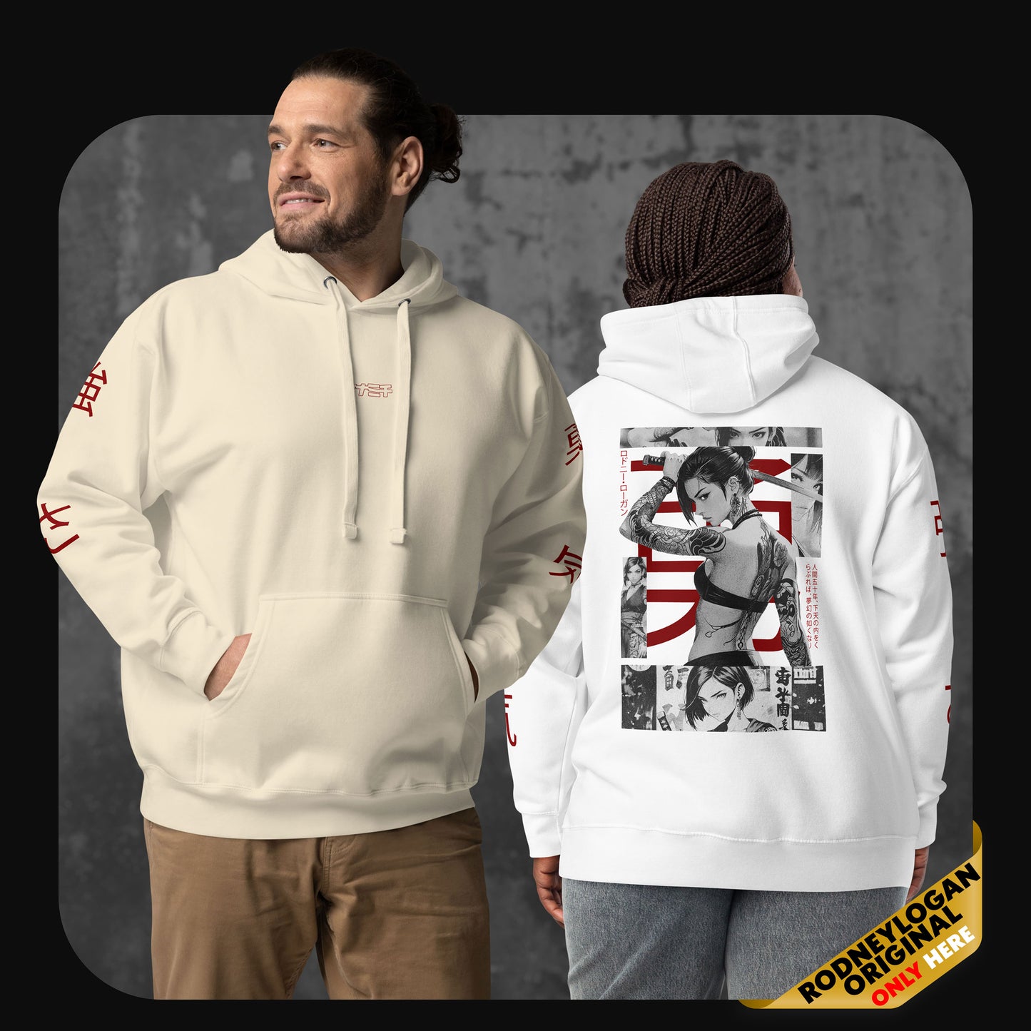Two models wearing the “YUNA” hoodie in bone and white colors, showcasing the front and back manga design with bold red kanji.