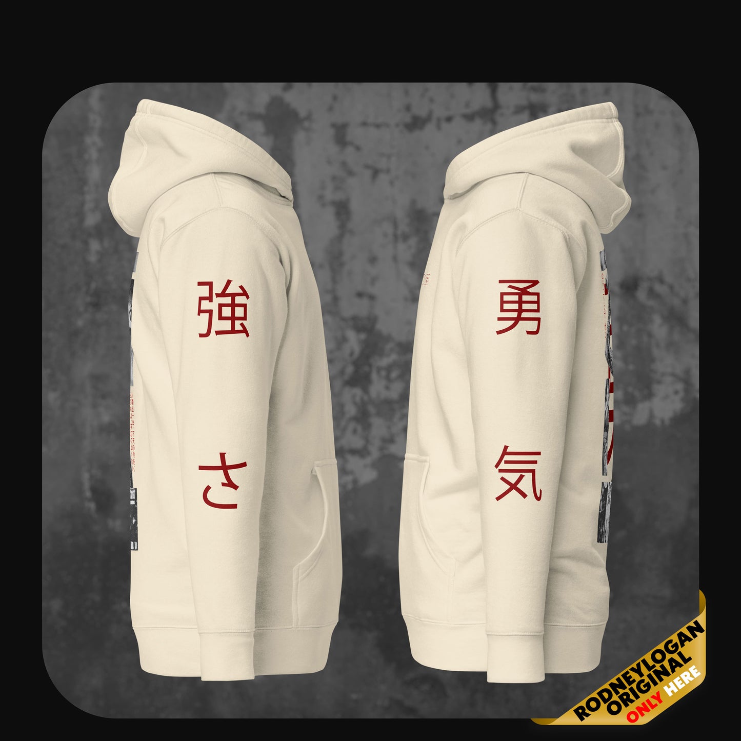 Hoodie side view in bone color showing red Japanese kanji characters for “strength” and “courage” on the sleeves.