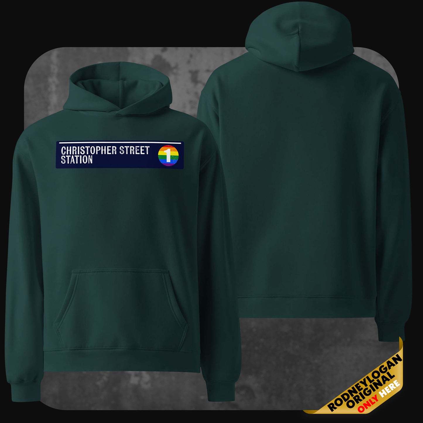 Front and back view of a green hoodie with a “Christopher Street Station” patch and a rainbow-themed subway icon on the chest.