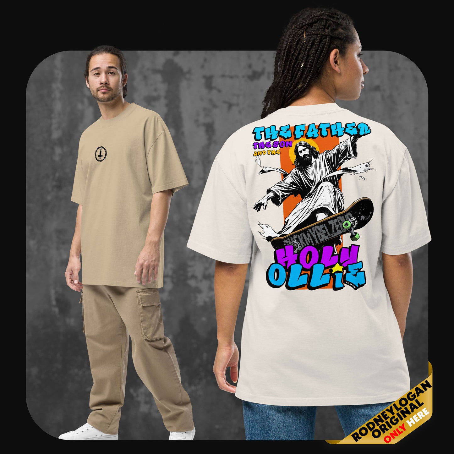 Two models wearing oversized T-shirts with ‘Holy Ollie’ design. One model shows the front with a small round logo; the other reveals the back with a dramatic image of Jesus performing an ollie on a skateboard and bold, graffiti-like text.