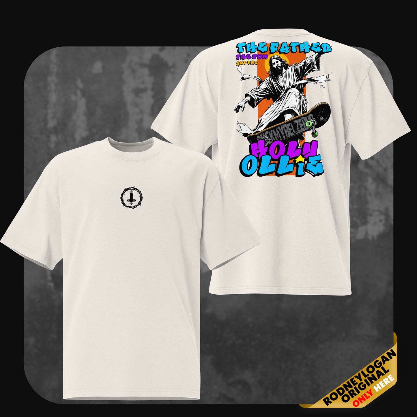 Oversized T-shirt in faded bone with a minimalist front print of a crown of thorns and a skateboard wheel. The back features a colorful graphic of Jesus skateboarding with the text ‘The Father, The Son and The Holy Ollie
