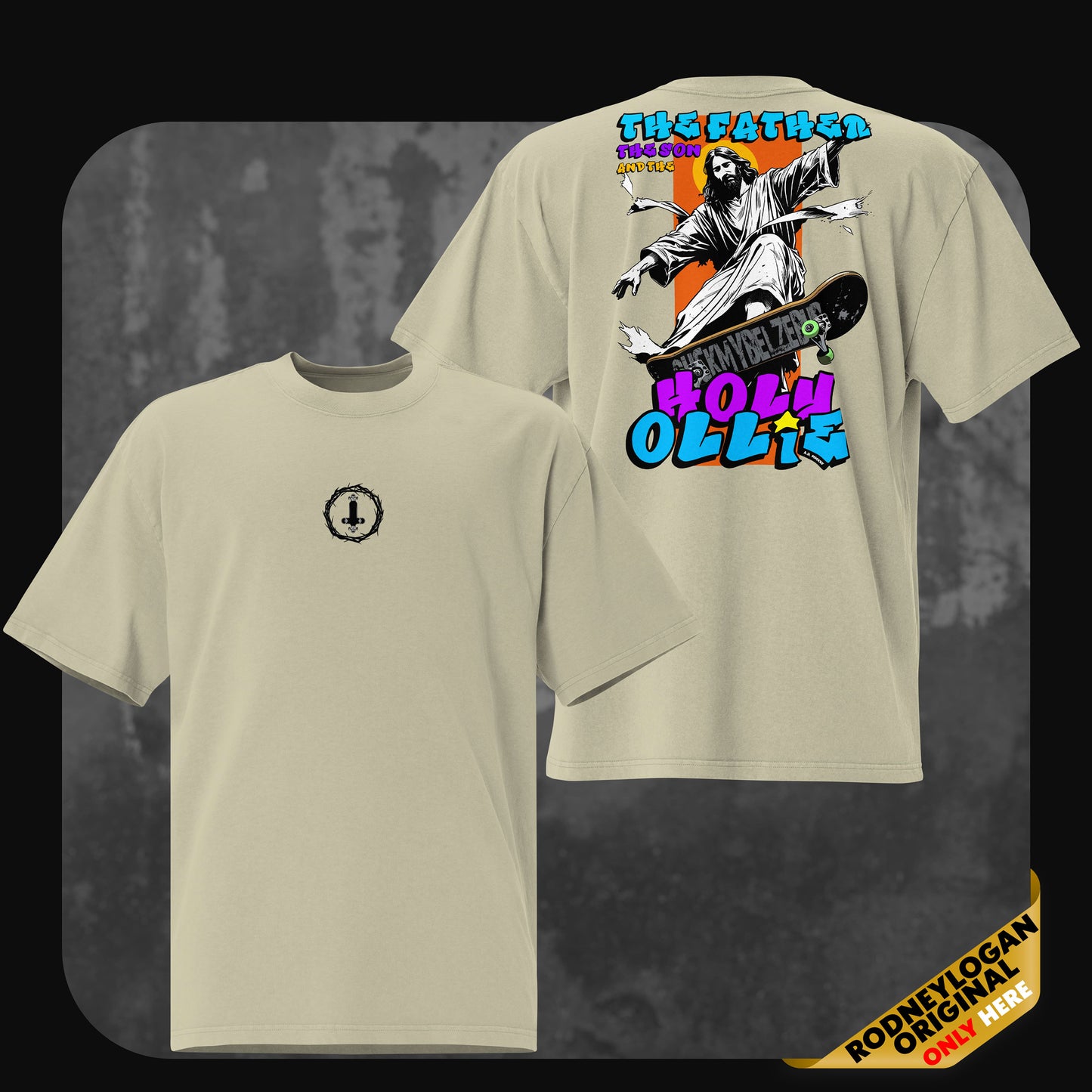Oversized T-shirt in faded eucalyptus green featuring a small front emblem of a skateboard wheel inside a crown of thorns. The back displays a vibrant cartoon of Jesus doing an ollie on a skateboard with graffiti-style text ‘Holy Ollie.