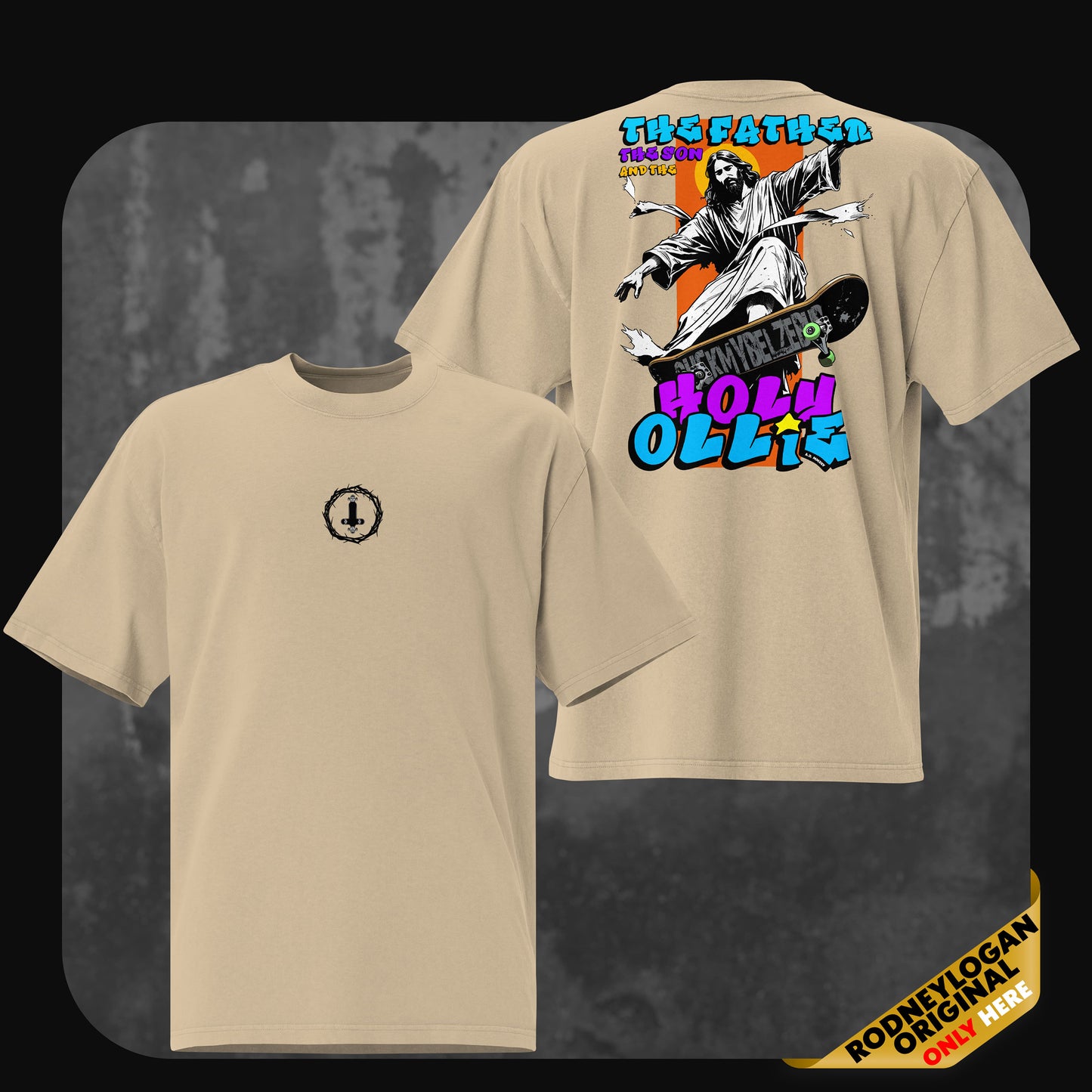 Oversized T-shirt in faded khaki with a minimal black logo on the front chest. The back showcases a bold and colorful illustration of Jesus skateboarding with the words ‘The Father, The Son and The Holy Ollie’ in stylized graffiti fonts