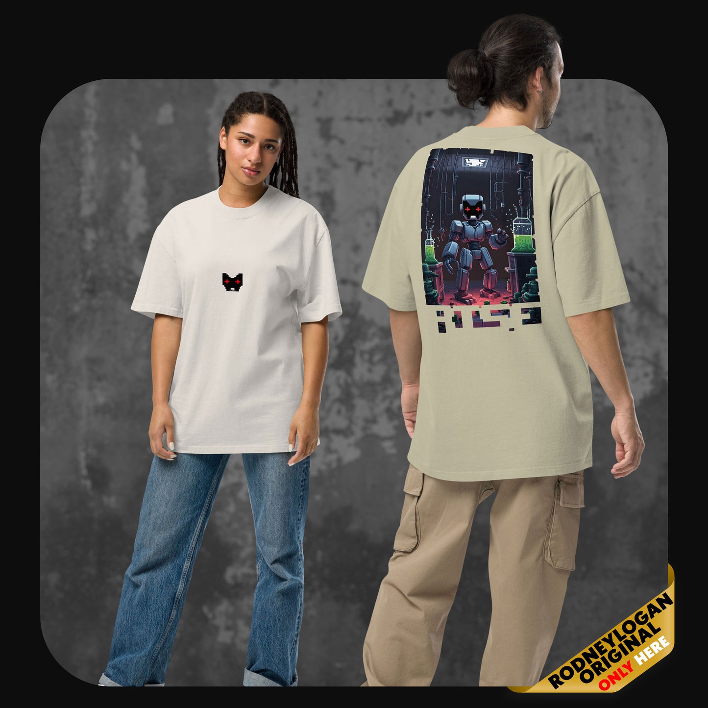 Two models wearing oversized t-shirts. The front shows a small pixelated black cat face with red eyes. The back features a vibrant sci-fi illustration of a robot in a laboratory with neon green liquids and the word “RISE” in a glitchy font.