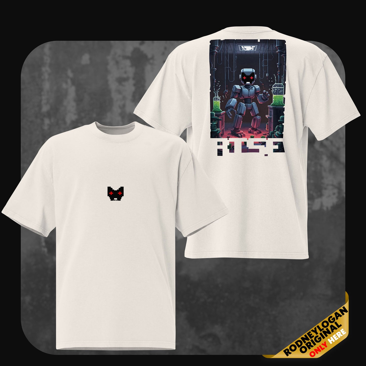 Front and back view of an oversized t-shirt in bone color. The front displays a minimal pixel-style black cat head with glowing red eyes. The back features a digital art print of a robot standing in a high-tech lab environment with glowing beakers and the word “RISE” at the bottom.