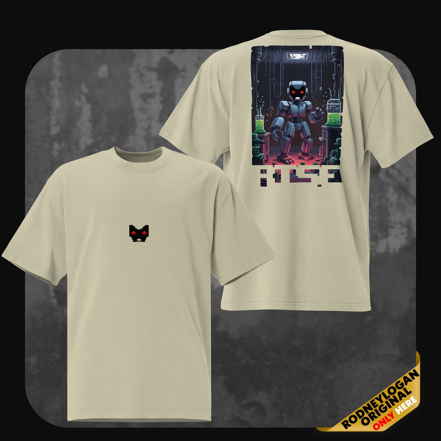 Oversized t-shirt in eucalyptus green with a small black and red pixel cat logo centered on the chest. The back showcases a colorful illustration of a humanoid robot in a cyber-lab setting, surrounded by wires and glowing test tubes, with the word “RISE” below.