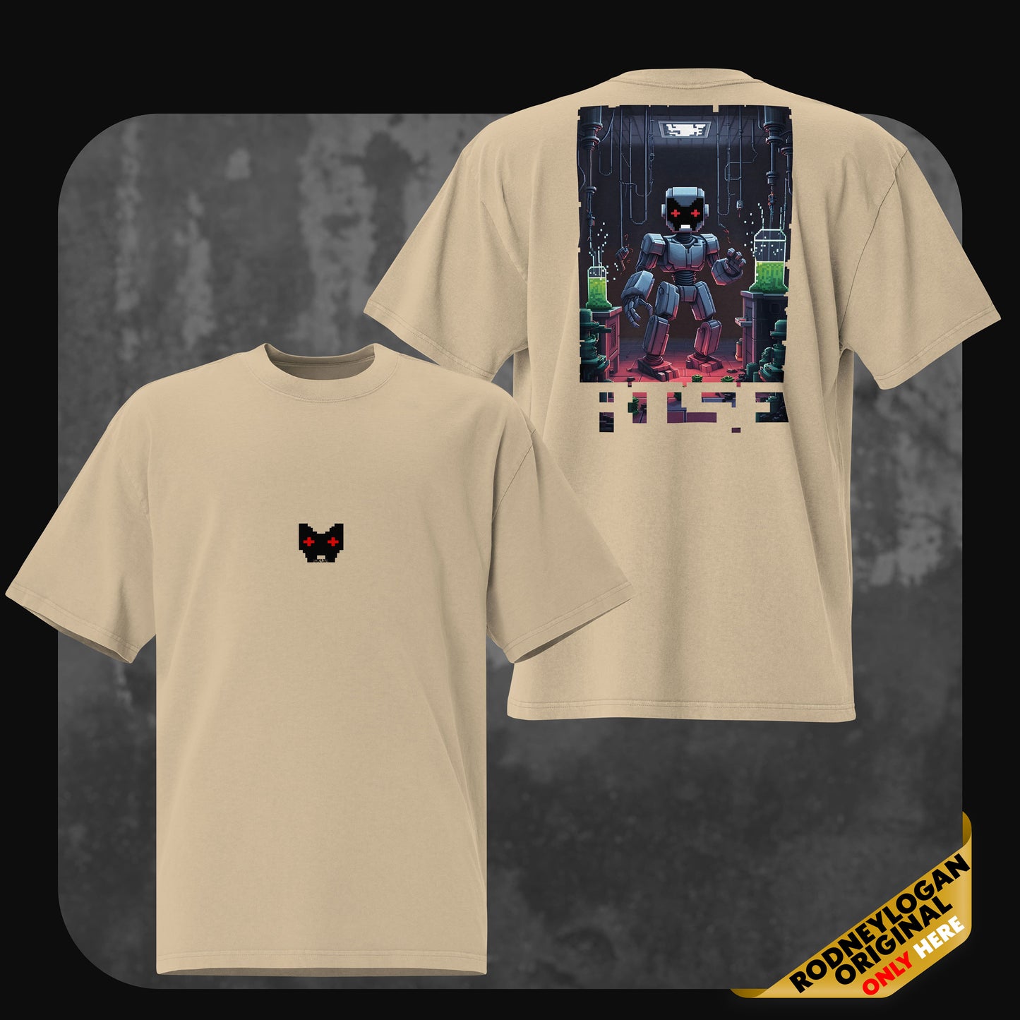 Khaki-colored oversized t-shirt with a pixelated cat face logo on the front. The back features a large detailed artwork of a robot in a dark laboratory filled with green chemical flasks and a distorted “RISE” graphic at the bottom.