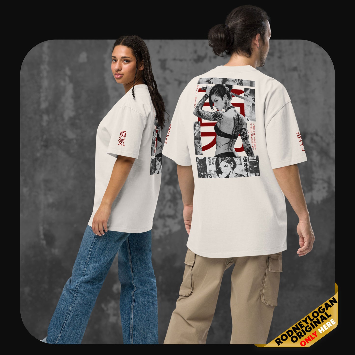 Two models wearing Rodney Logan’s oversized T-shirt “Yuna” – front and back view. The back features a tattooed manga-style female warrior with a rising sun motif and Japanese typography.