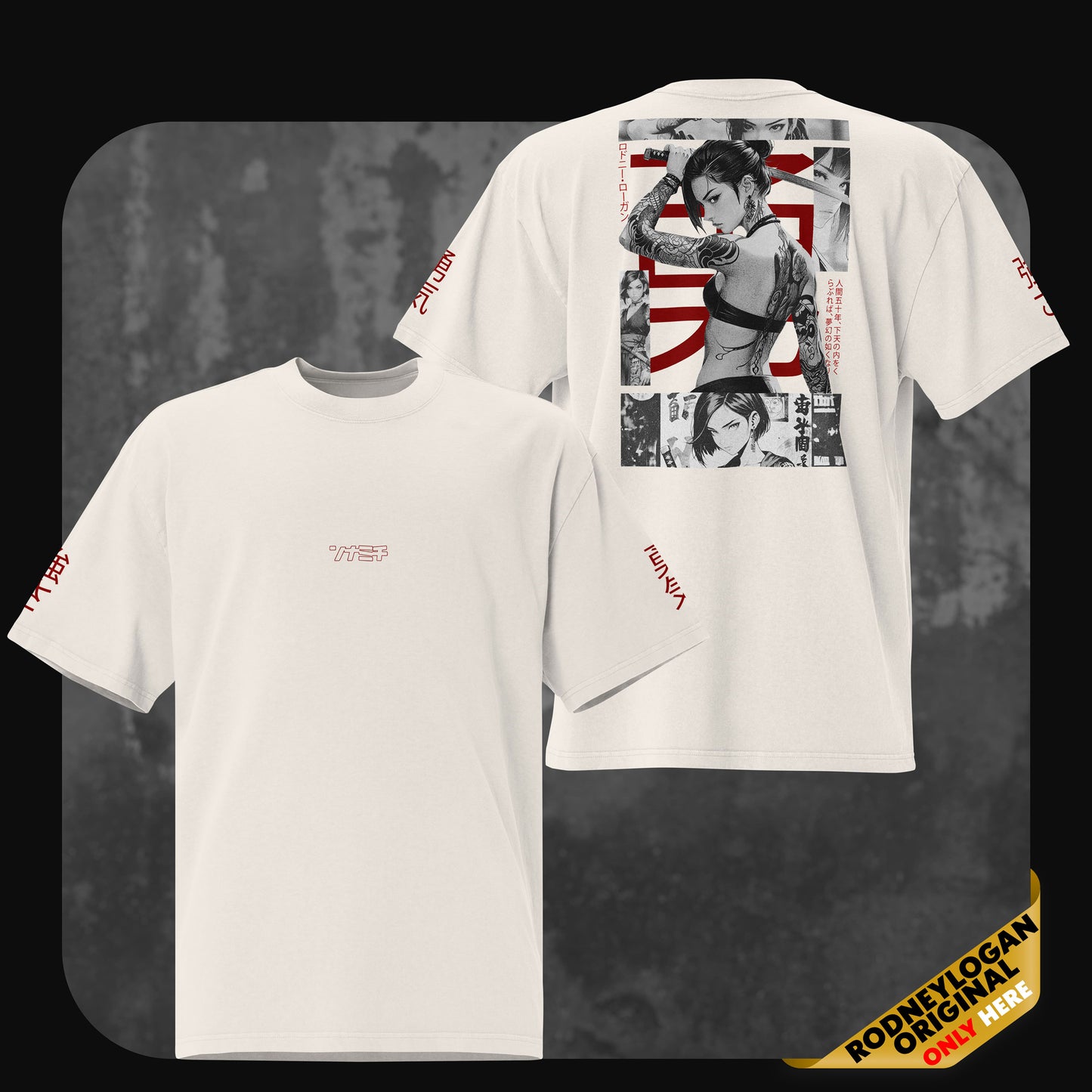 Rodney Logan oversized T-shirt “Yuna” in faded bone, shown front and back. The front has minimal Japanese script, the back features a manga-style female warrior with Japanese flag elements.