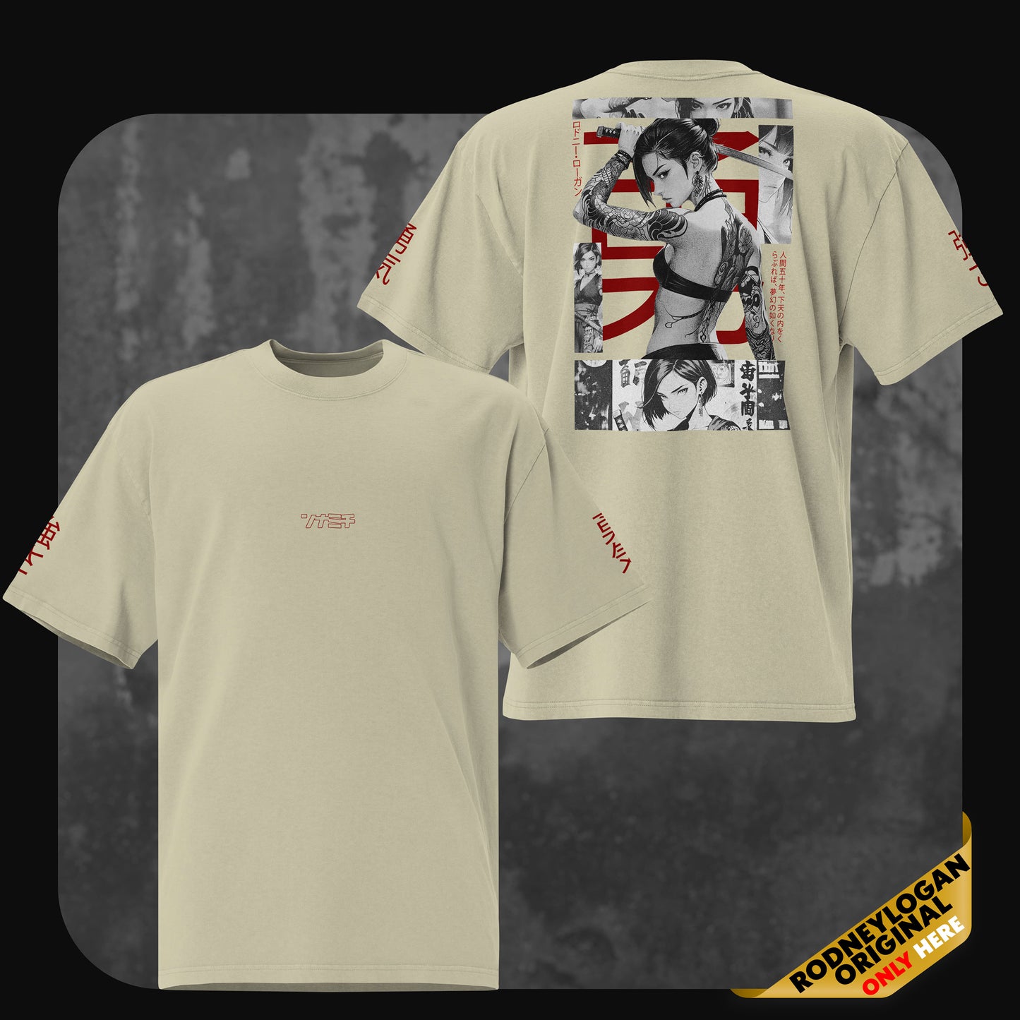 Rodney Logan oversized T-shirt “Yuna” in faded eucalyptus green. Bold back print with anime-inspired female warrior and Japanese design elements. “Courage” and “Strength” in red on the sleeves.