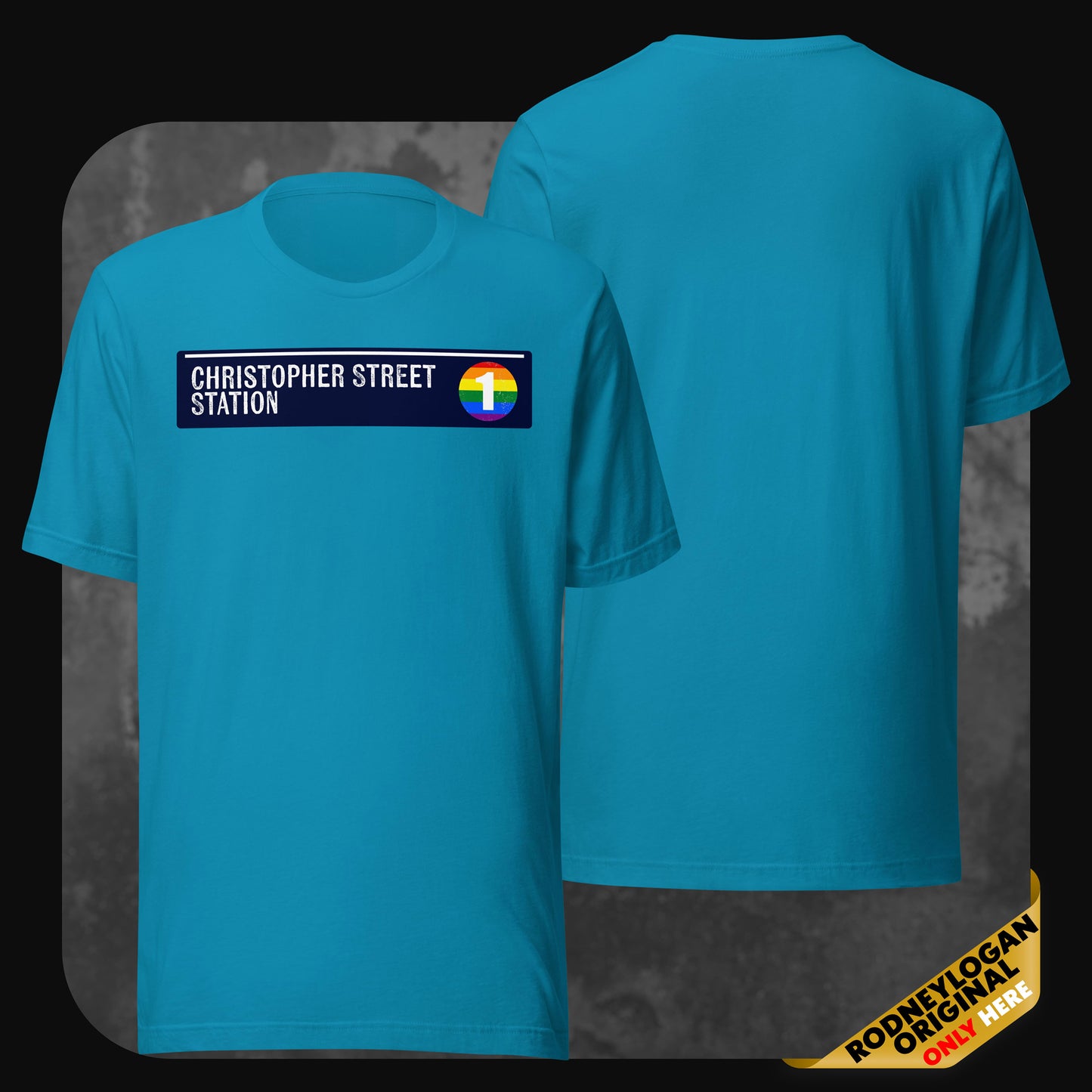 An aqua blue t-shirt with a bold chest print reading “Christopher Street Station” alongside a rainbow subway icon; back view shown without design.