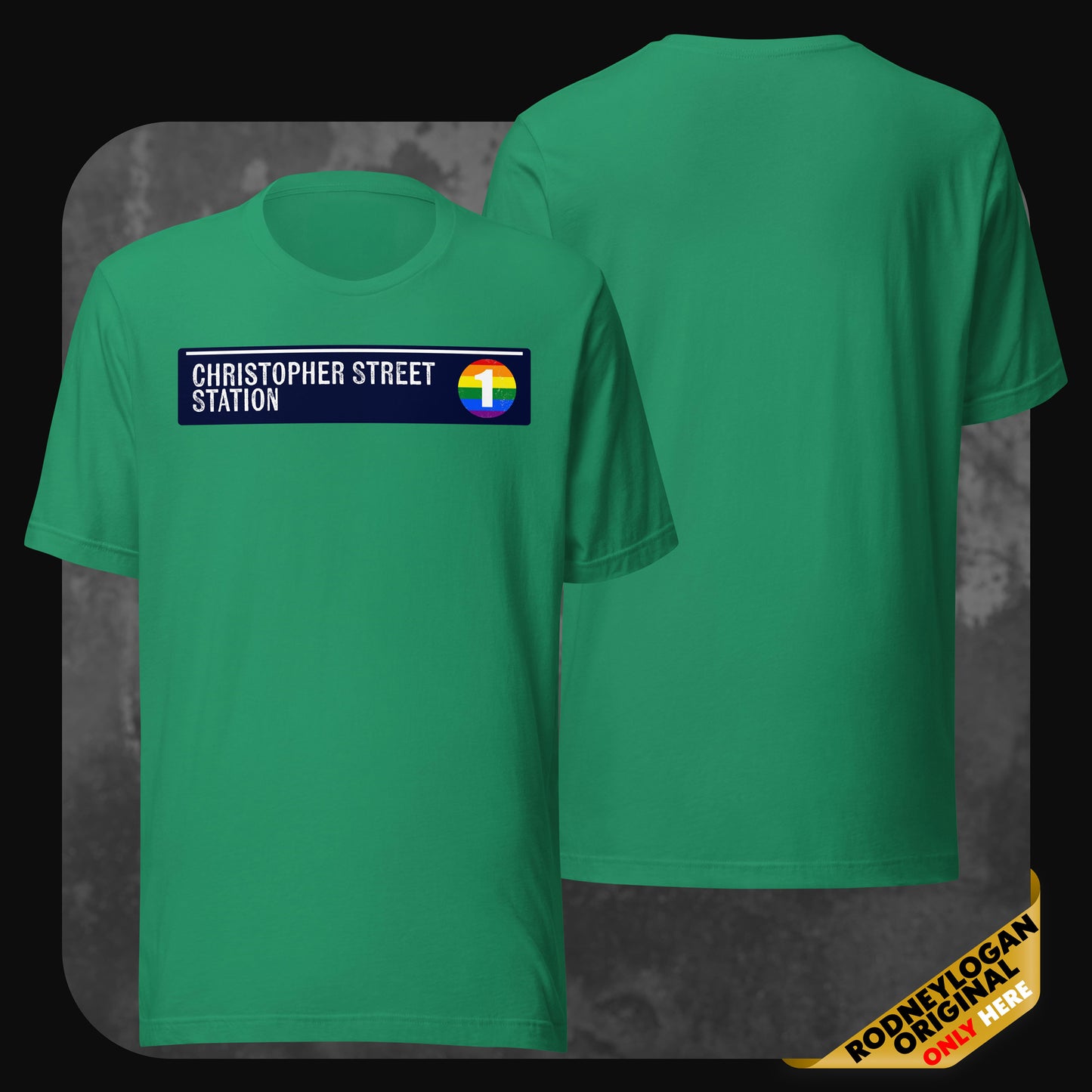A green t-shirt with a minimalist subway-themed “Christopher Street Station” print and a rainbow-colored number 1 symbol on the front; rear side plain.