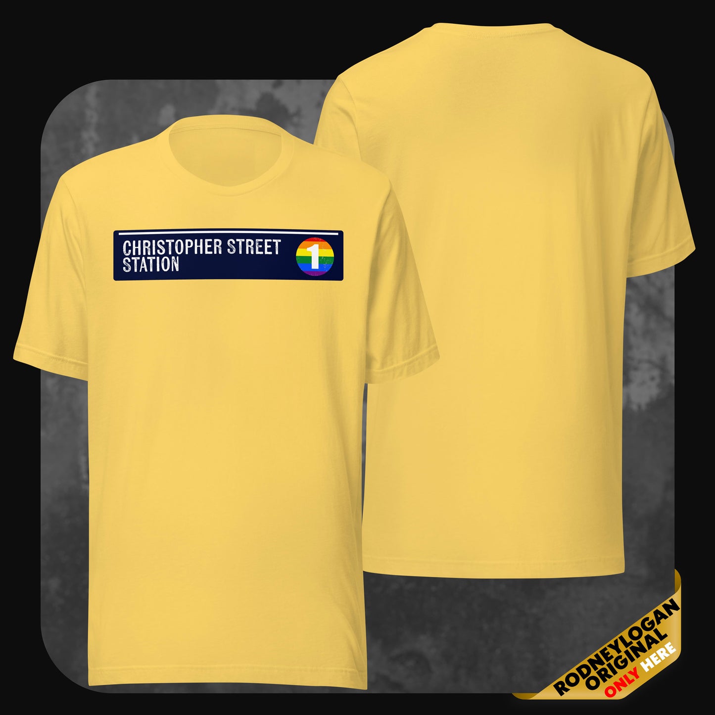 A yellow t-shirt with a bold “Christopher Street Station” label and rainbow subway icon printed on the front; back of the shirt is plain.