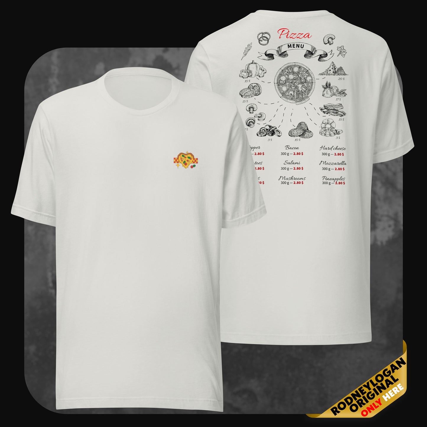 Silver pizza t-shirt with embroidered chest logo and hand-drawn pizza toppings menu printed on the back.