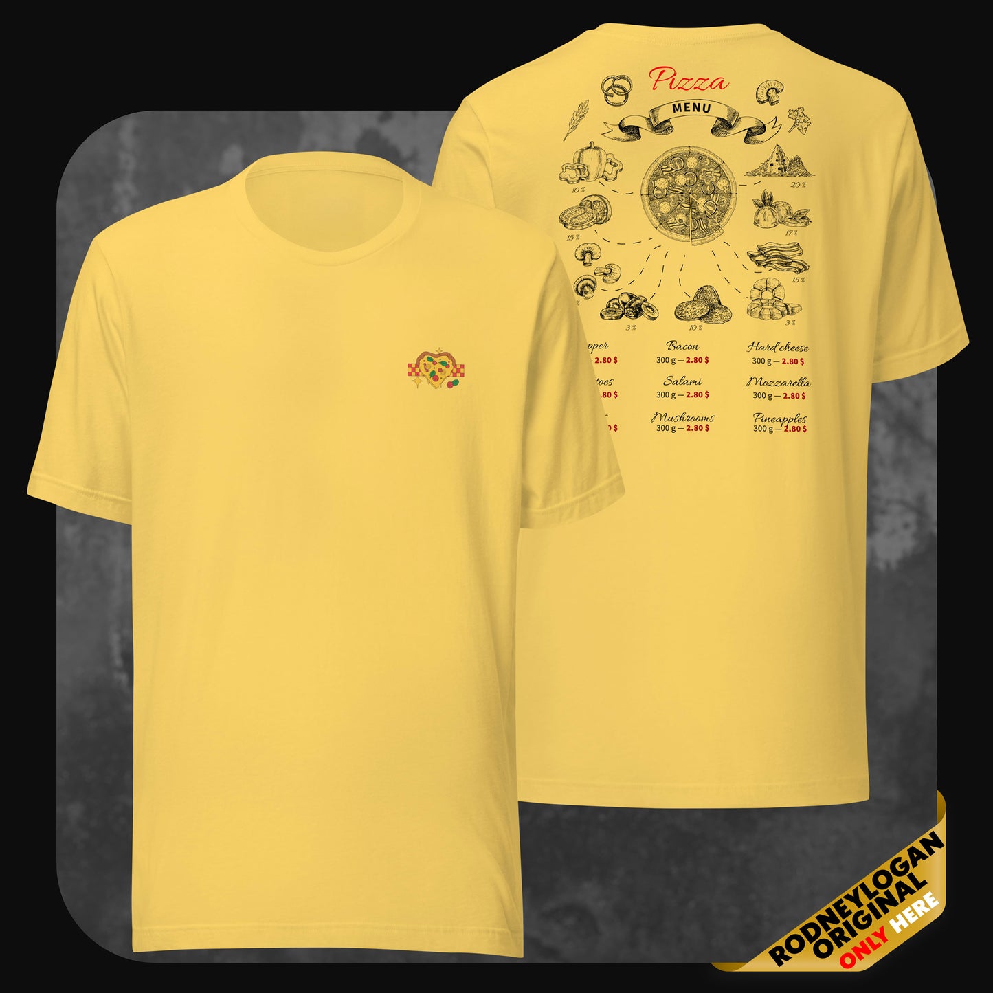 Yellow t-shirt with a cartoon pizza icon on the front and a sketched pizza recipe infographic on the back.
