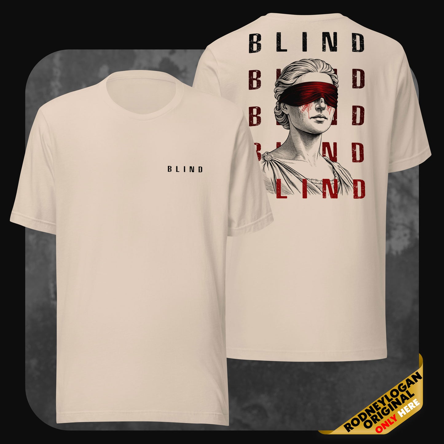 Bone-colored RodneyLogan “Blind” t-shirt featuring minimalist front logo and graphic statue artwork on back.