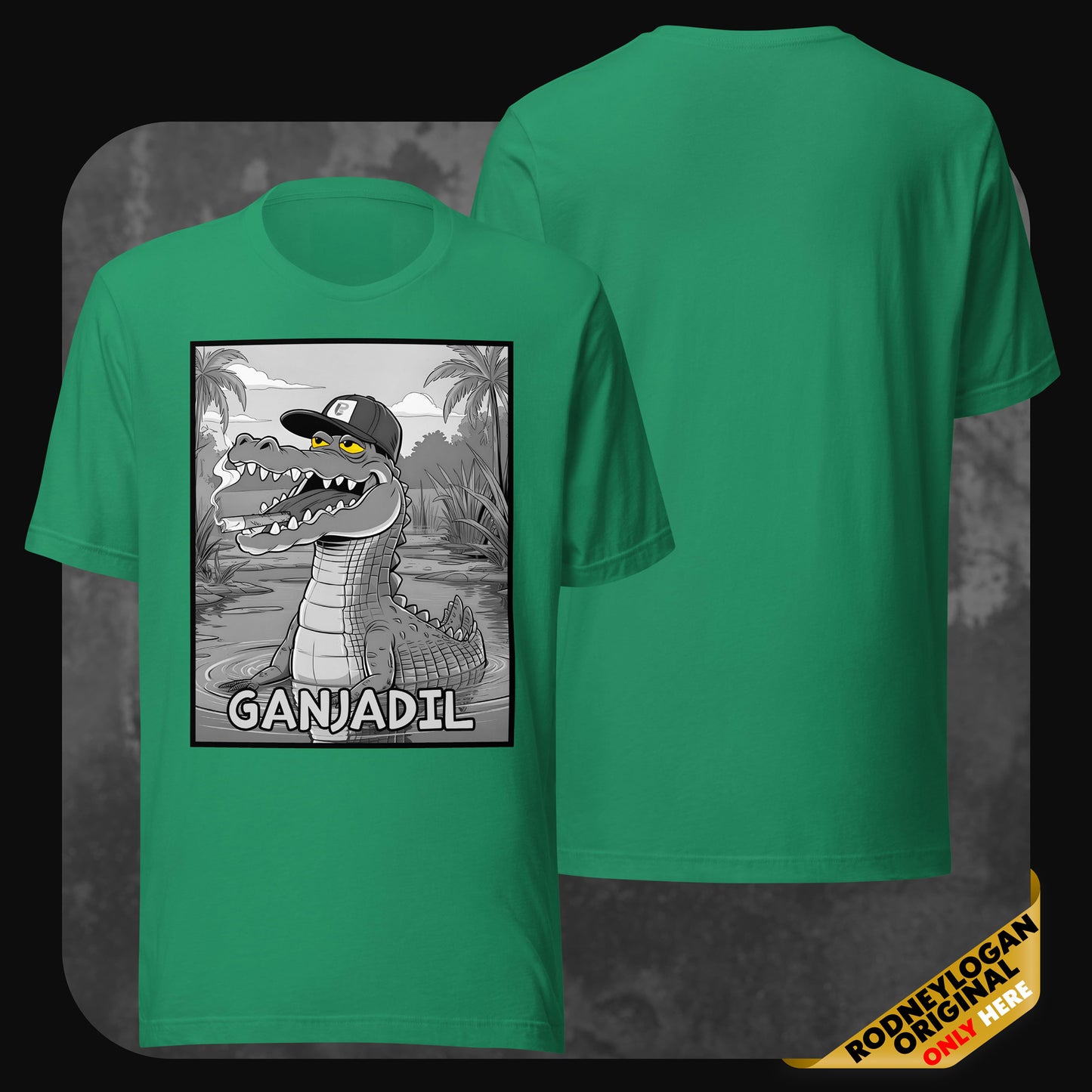 Green RodneyLogan T-shirt showcasing the GANJADIL cartoon alligator print with a tropical background.