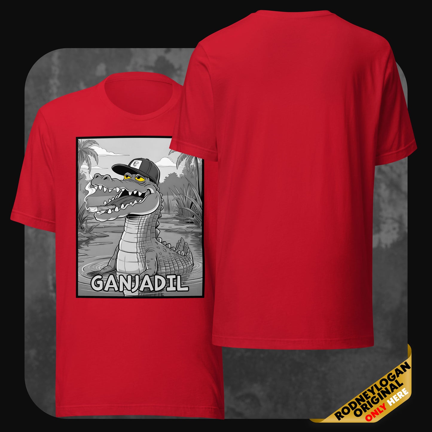 Red RodneyLogan GANJADIL T-shirt with a detailed front print of a cartoon alligator character in a swamp.