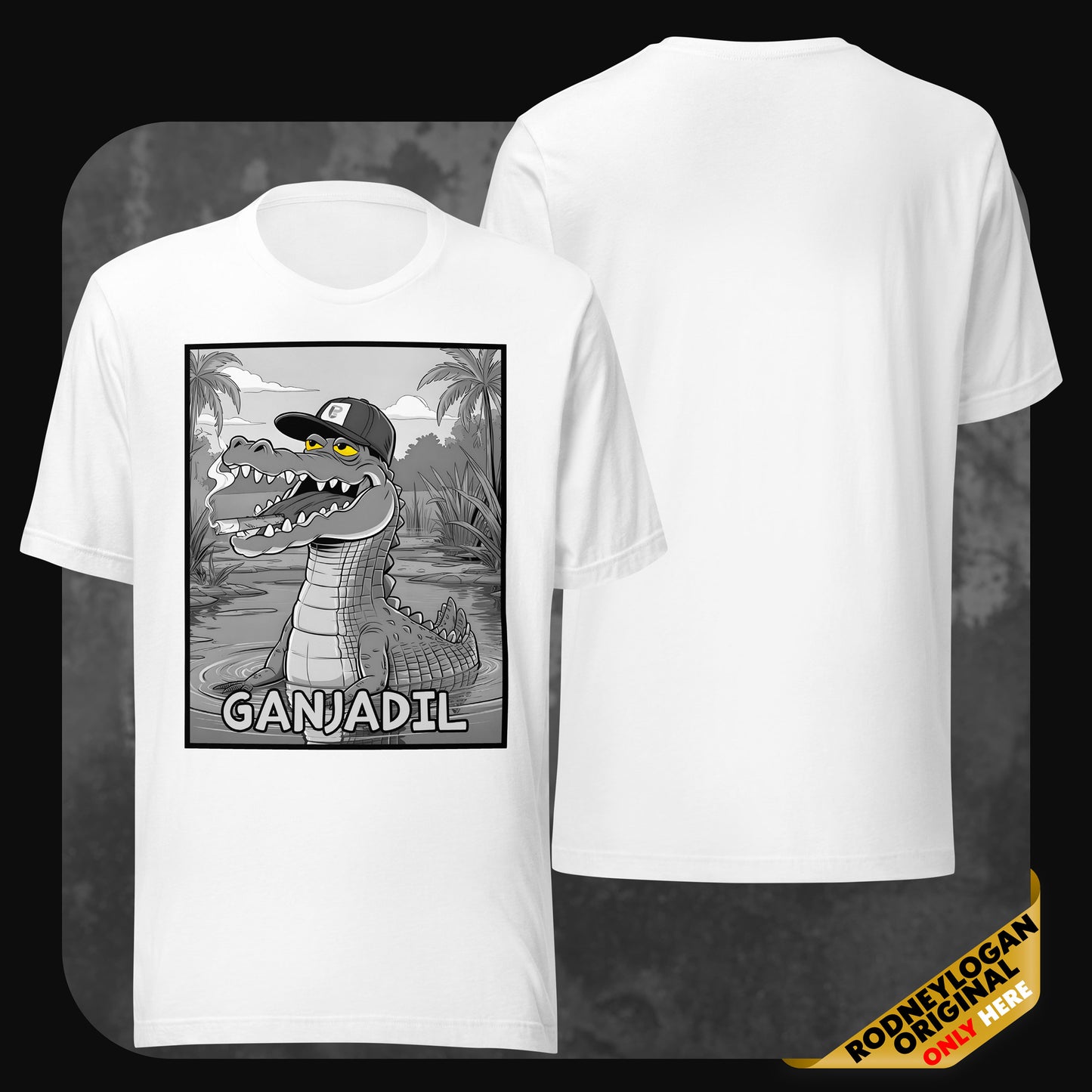 White GANJADIL T-shirt from RodneyLogan featuring a playful alligator graphic with a jungle setting.